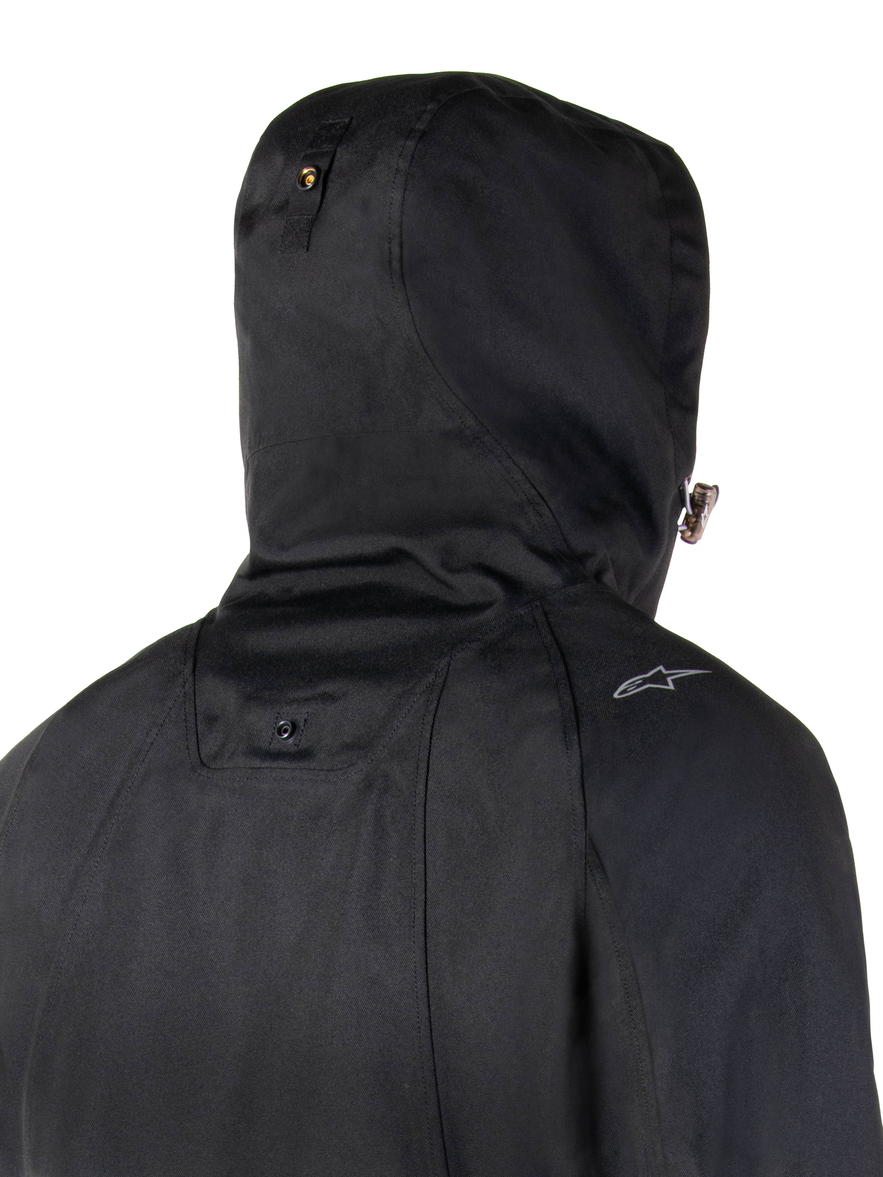 Alpinestars Morush Waterproof Parka, Black, close-up back view of the hood and shoulder area, featuring a stormproof hood system with snap button and a small Alpinestars logo, urban motorcycle streetwear style