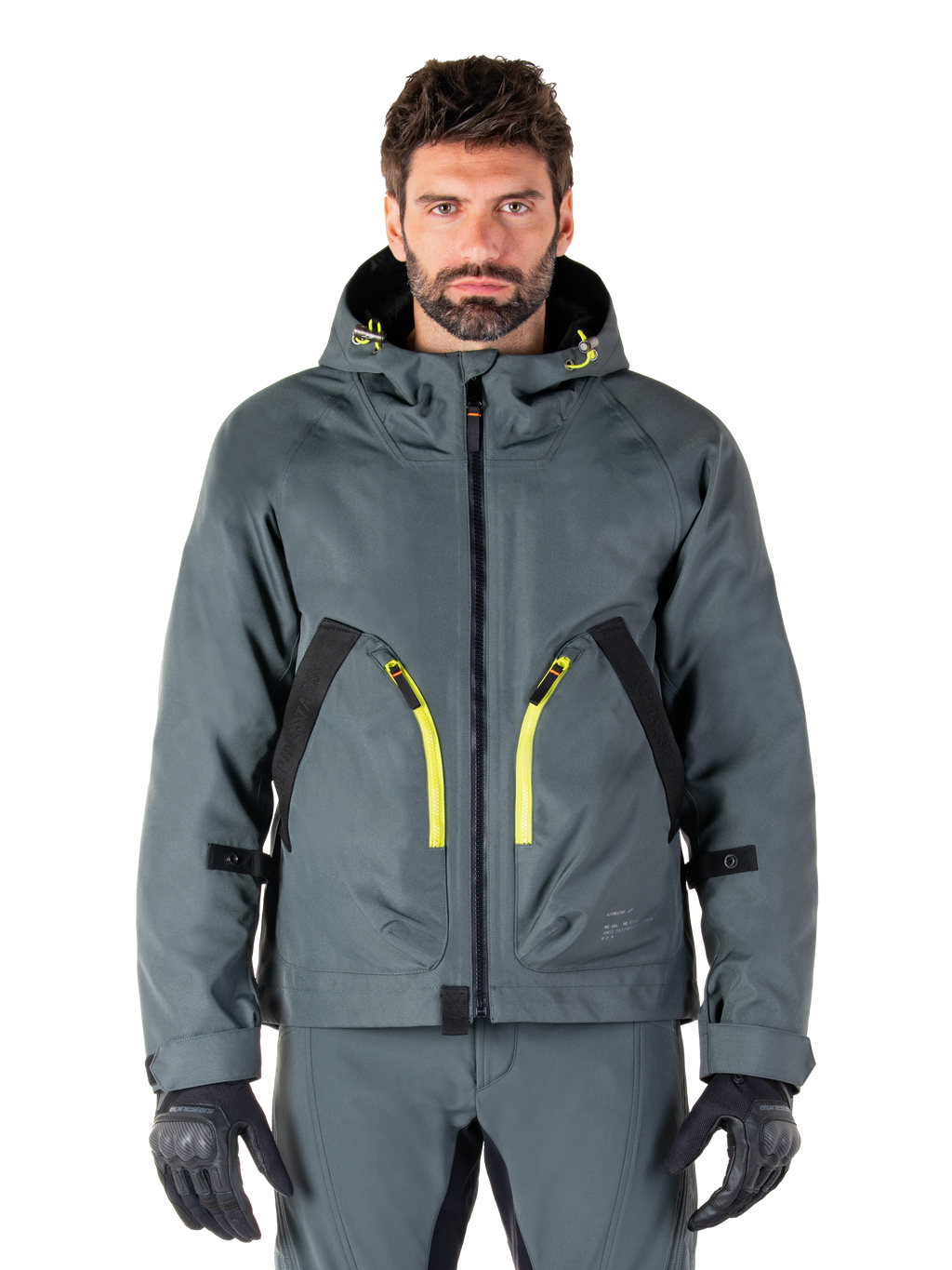 Alpinestars Morush Waterproof Parka, urban gray motorcycle jacket, vibrant yellow zippers and black accents, hooded design with large front pockets, technical streetwear-inspired styling