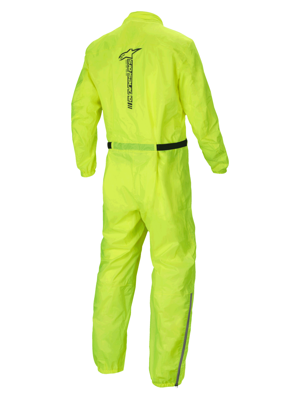 Alpinestars Macacão Hurricane Rain V2, fato impermeável para moto, amarelo fluo, vista traseira com logótipo Alpinestars refletor e construção em tecido leve