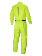 Alpinestars Macacão Hurricane Rain V2, fato impermeável para moto, amarelo fluo, vista traseira com logótipo Alpinestars refletor e construção em tecido leve