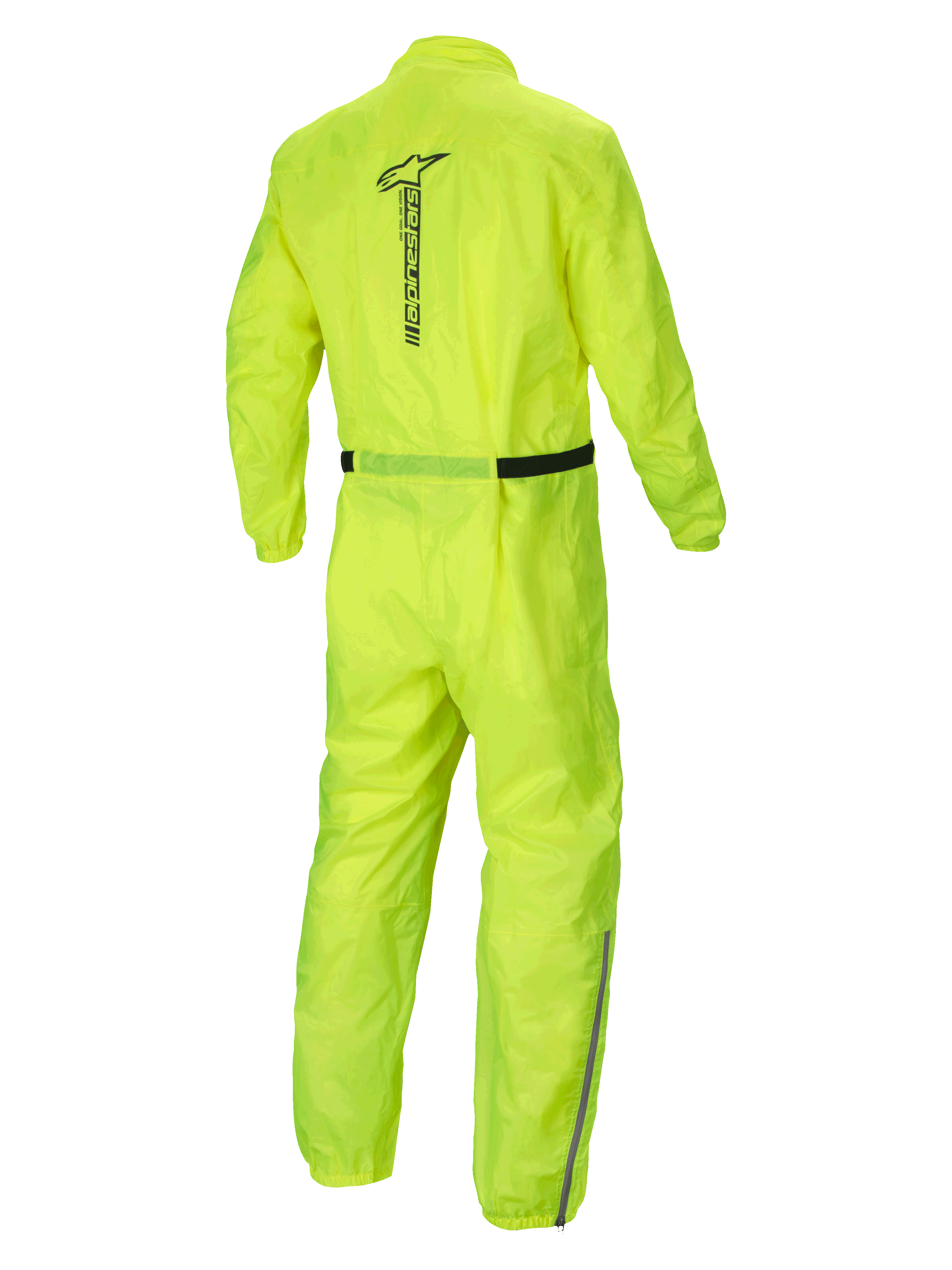 Alpinestars Macacão Hurricane Rain V2, fato impermeável para moto, amarelo fluo, vista traseira com logótipo Alpinestars refletor e construção em tecido leve
