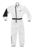 Macacão de Chuva de Kart Alpinestars para Jovens, sobre-fato impermeável transparente, transparente com detalhes pretos, painel reforçado preto no cotovelo direito, fecho de correr frontal assimétrico, cintura e punhos elásticos, logótipos Alpinestars no peito e na perna, equipamento especializado para karting em condições de chuva
