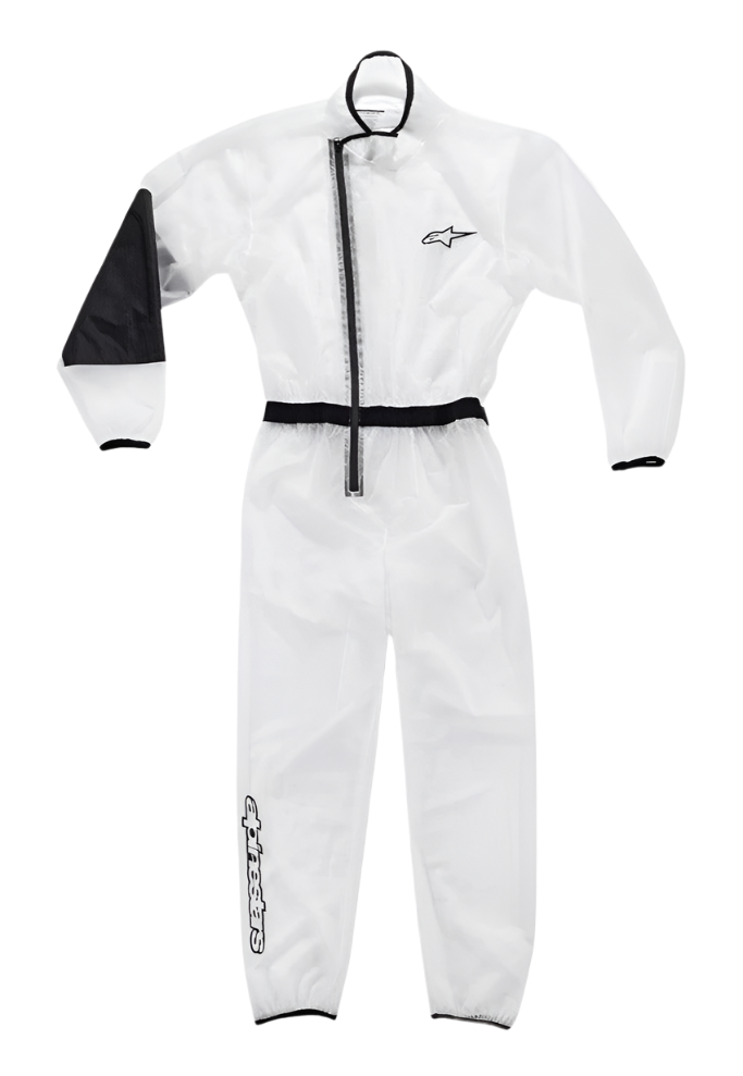 Macacão de Chuva de Kart Alpinestars para Jovens, sobre-fato impermeável transparente, transparente com detalhes pretos, painel reforçado preto no cotovelo direito, fecho de correr frontal assimétrico, cintura e punhos elásticos, logótipos Alpinestars no peito e na perna, equipamento especializado para karting em condições de chuva