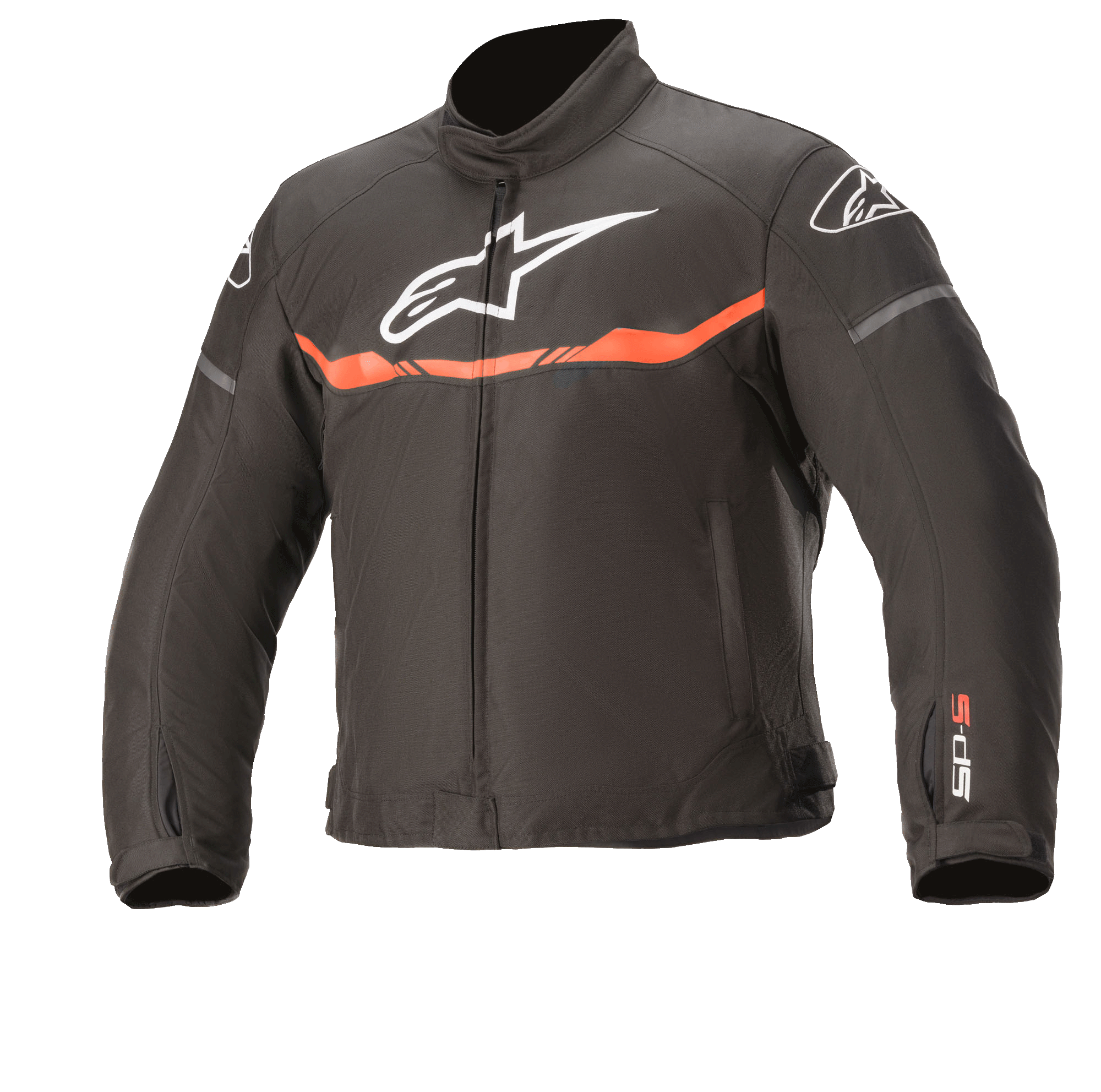 Alpinestars Youth T-Sp S Waterproof Jacket, casaco de motociclismo, preto e vermelho fluo, com logótipo branco no peito, risca horizontal vermelha fluorescente e marca SP-S na manga, construção têxtil impermeável durável para jovens pilotos.