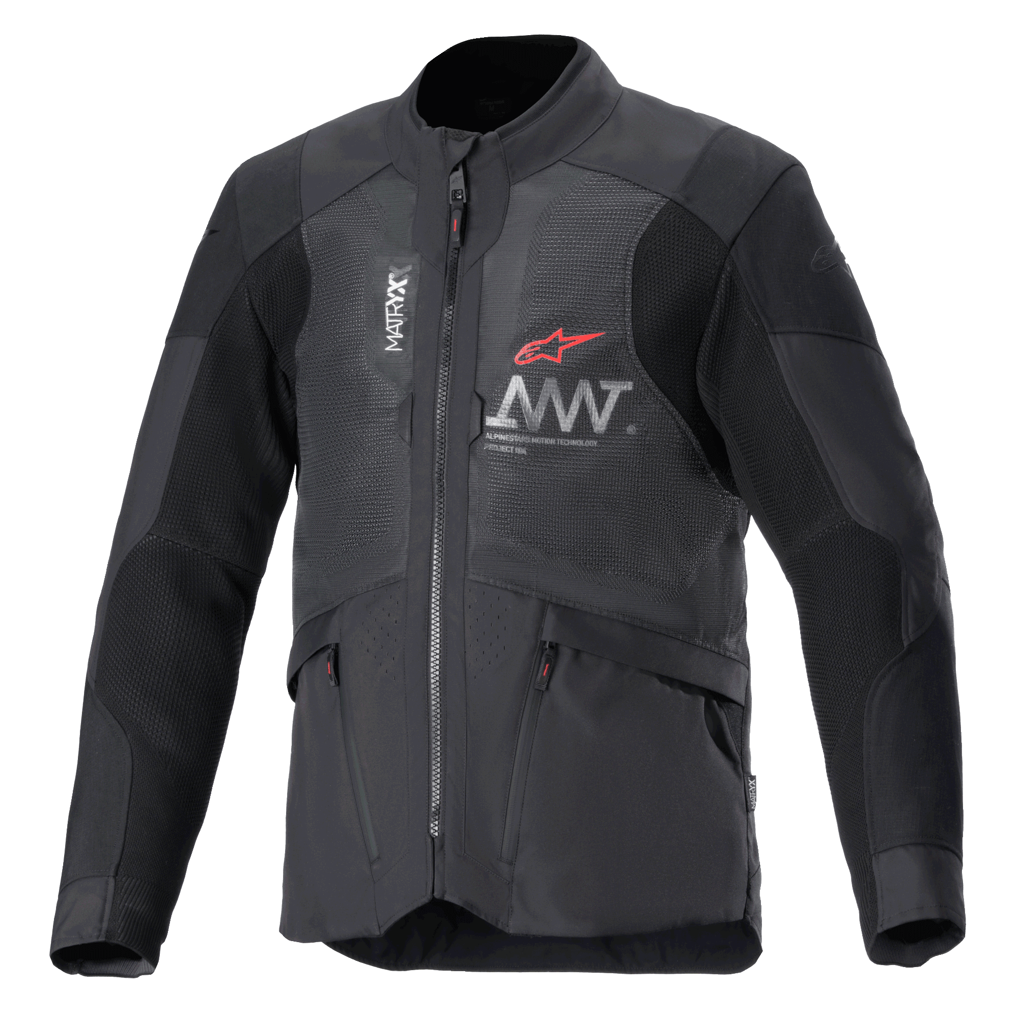 Casaco Alpinestars AMT-7 Air, casaco de motociclismo, preto e Dark Shadow, painéis de ventilação em malha MATRYX no peito, logótipo de estrela vermelha com branding AMT prateado, bolsos cargo frontais com fecho, design têxtil de aventura e touring de estrada