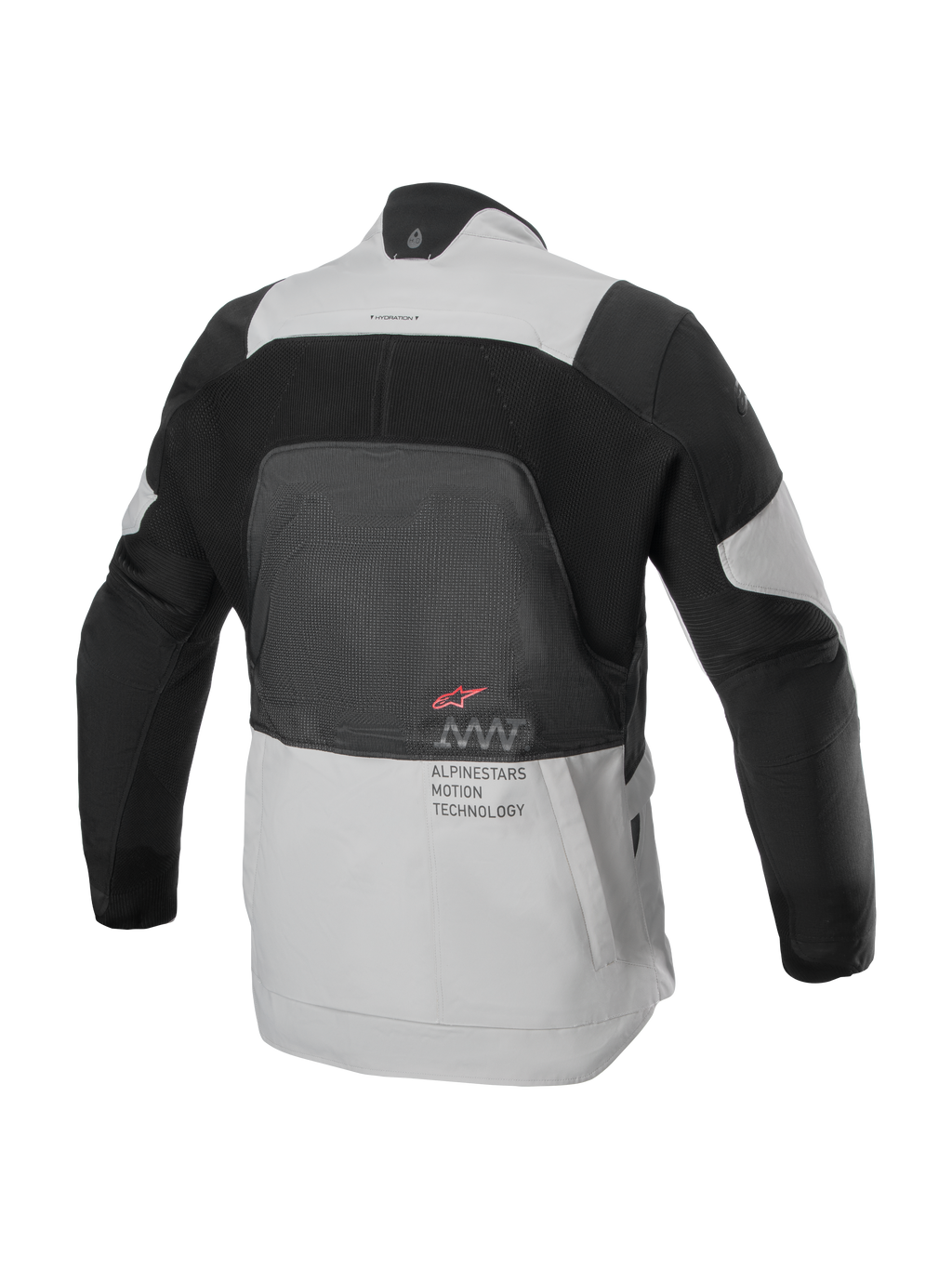 Casaco Alpinestars AMT-7 Air, vista traseira, bege e cinzento escuro, casaco técnico de motociclismo com grande painel de malha MATRYX® nas costas, texto 'Alpinestars Motion Technology' e logótipo vermelho, concebido para touring de aventura no verão