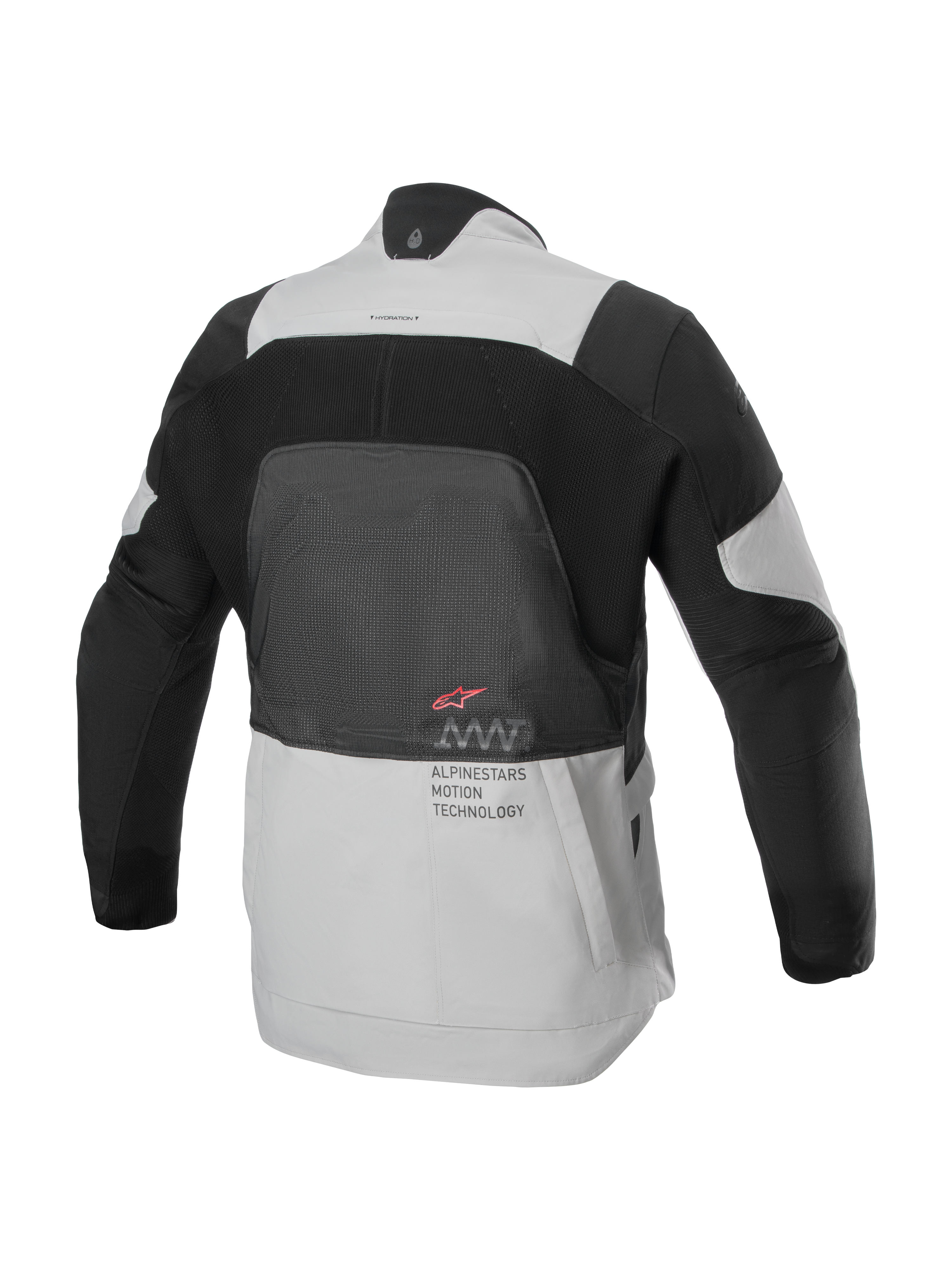 Casaco Alpinestars AMT-7 Air, vista traseira, bege e cinzento escuro, casaco técnico de motociclismo com grande painel de malha MATRYX® nas costas, texto 'Alpinestars Motion Technology' e logótipo vermelho, concebido para touring de aventura no verão