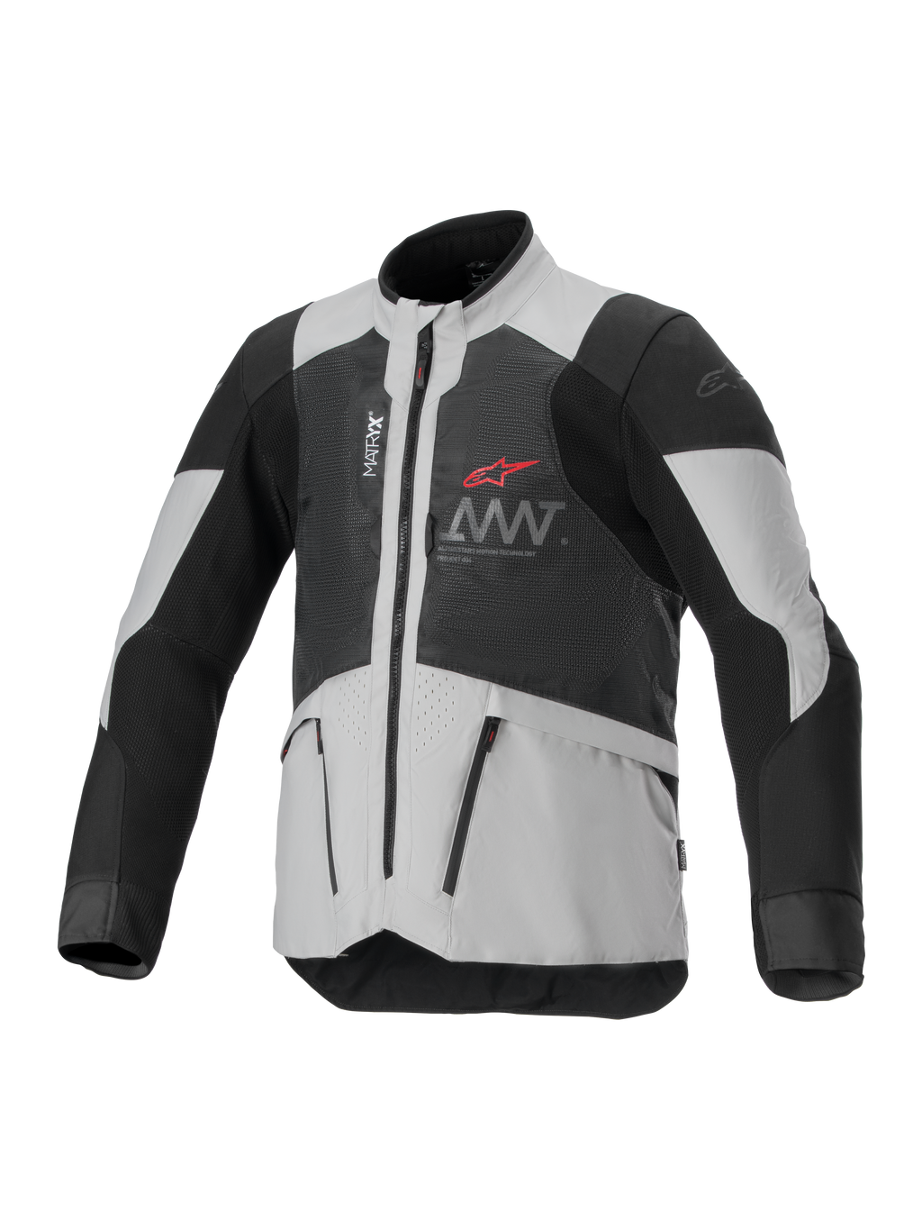Alpinestars AMT-7 Air Jacket, casaco de moto ventilado, preto e branco, com painéis de ventilação MATRYX, bolsos com fecho e gola alta, design desportivo com logótipo Alpinestars vermelho