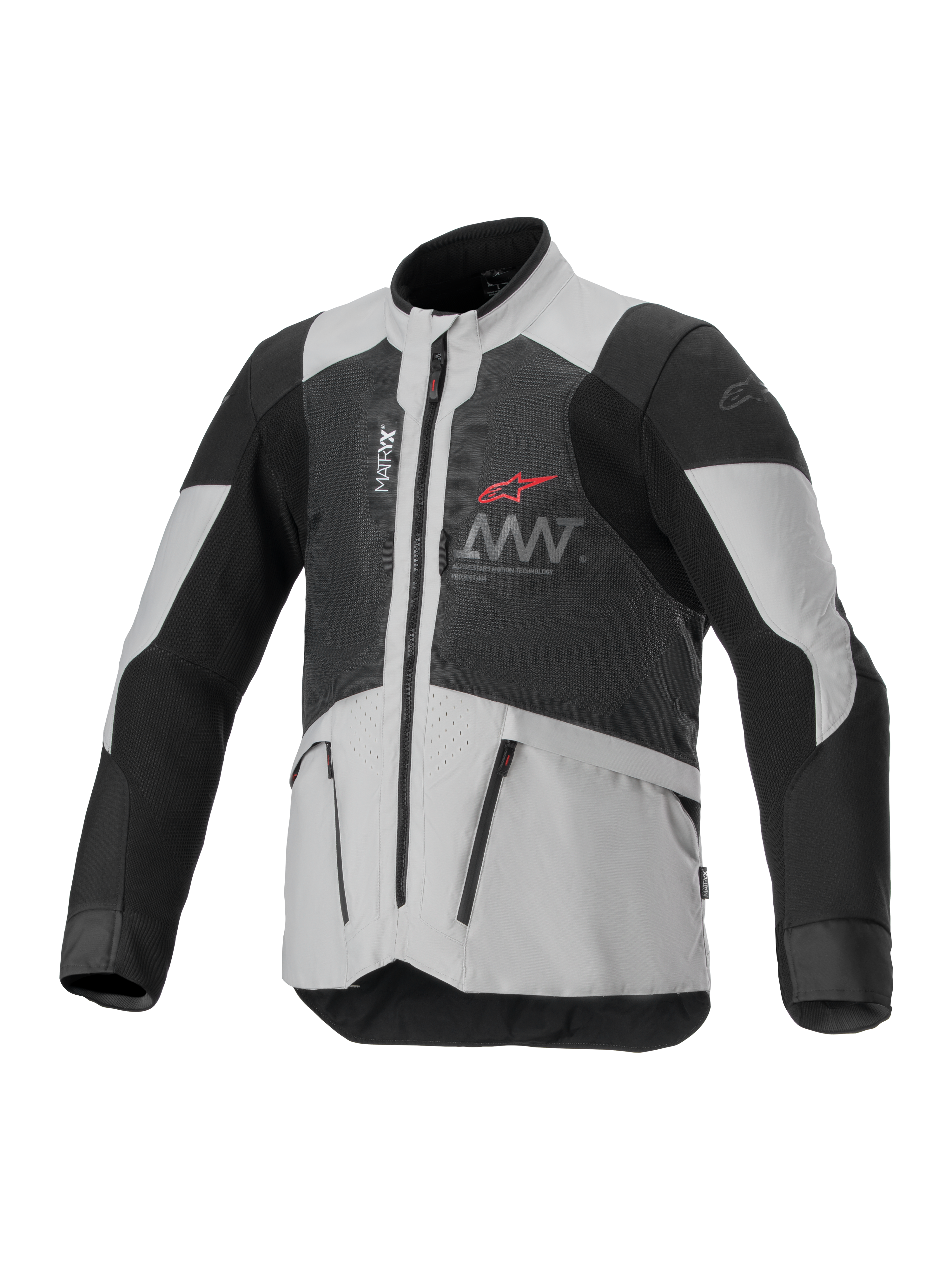 Alpinestars AMT-7 Air Jacket, casaco de moto ventilado, preto e branco, com painéis de ventilação MATRYX, bolsos com fecho e gola alta, design desportivo com logótipo Alpinestars vermelho