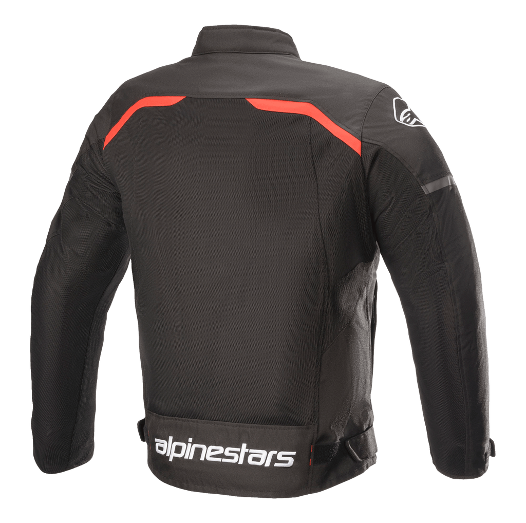 Alpinestars T-SPS Superair Jacket, Textile Motorcycle Jacket, Black with Bright Red accents, back view featuring large mesh ventilation panels, red piping across the shoulders, and bold white Alpinestars branding on the lower back.