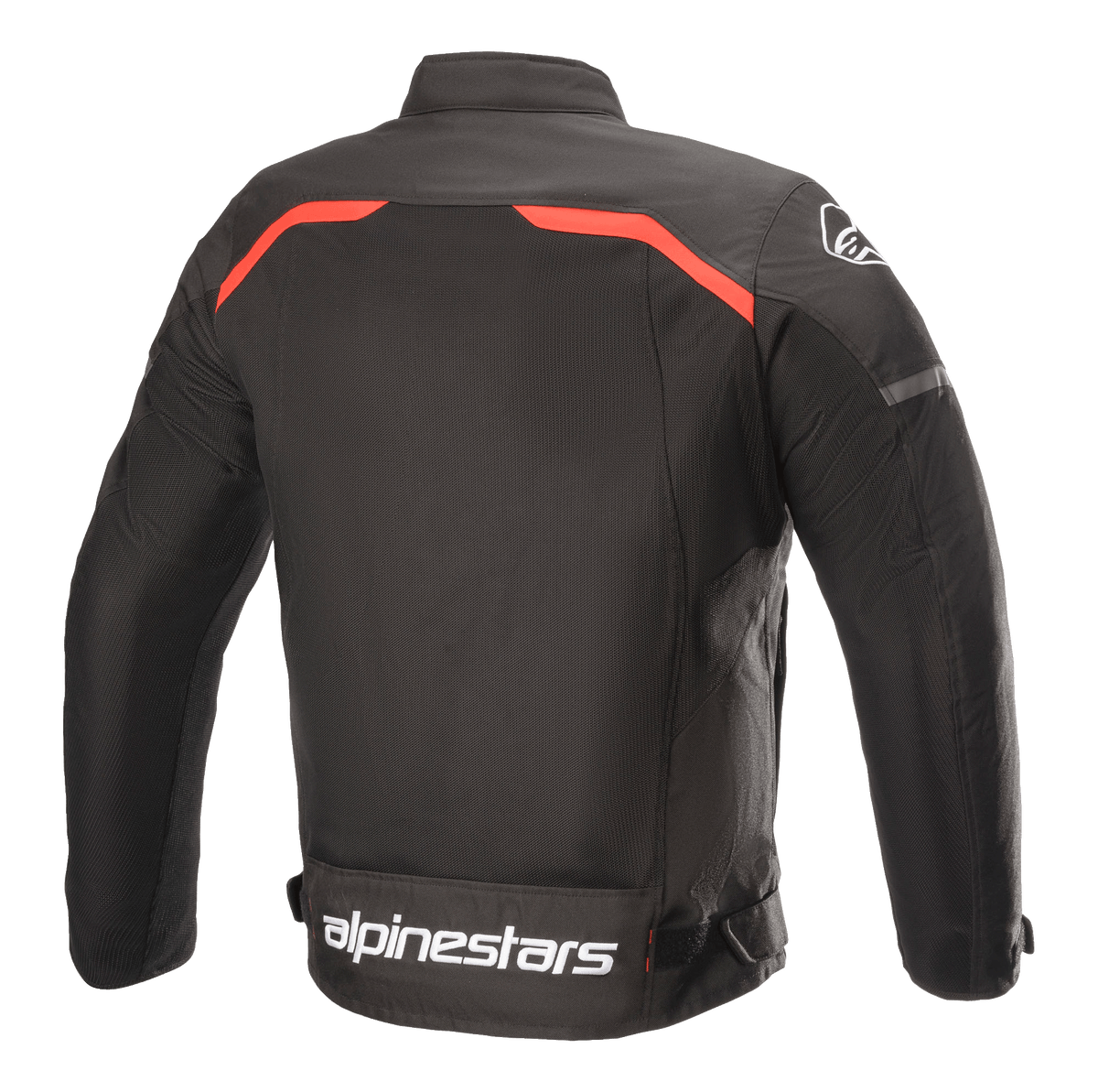 Alpinestars T-SPS Superair Jacket, Textile Motorcycle Jacket, Black with Bright Red accents, back view featuring large mesh ventilation panels, red piping across the shoulders, and bold white Alpinestars branding on the lower back.