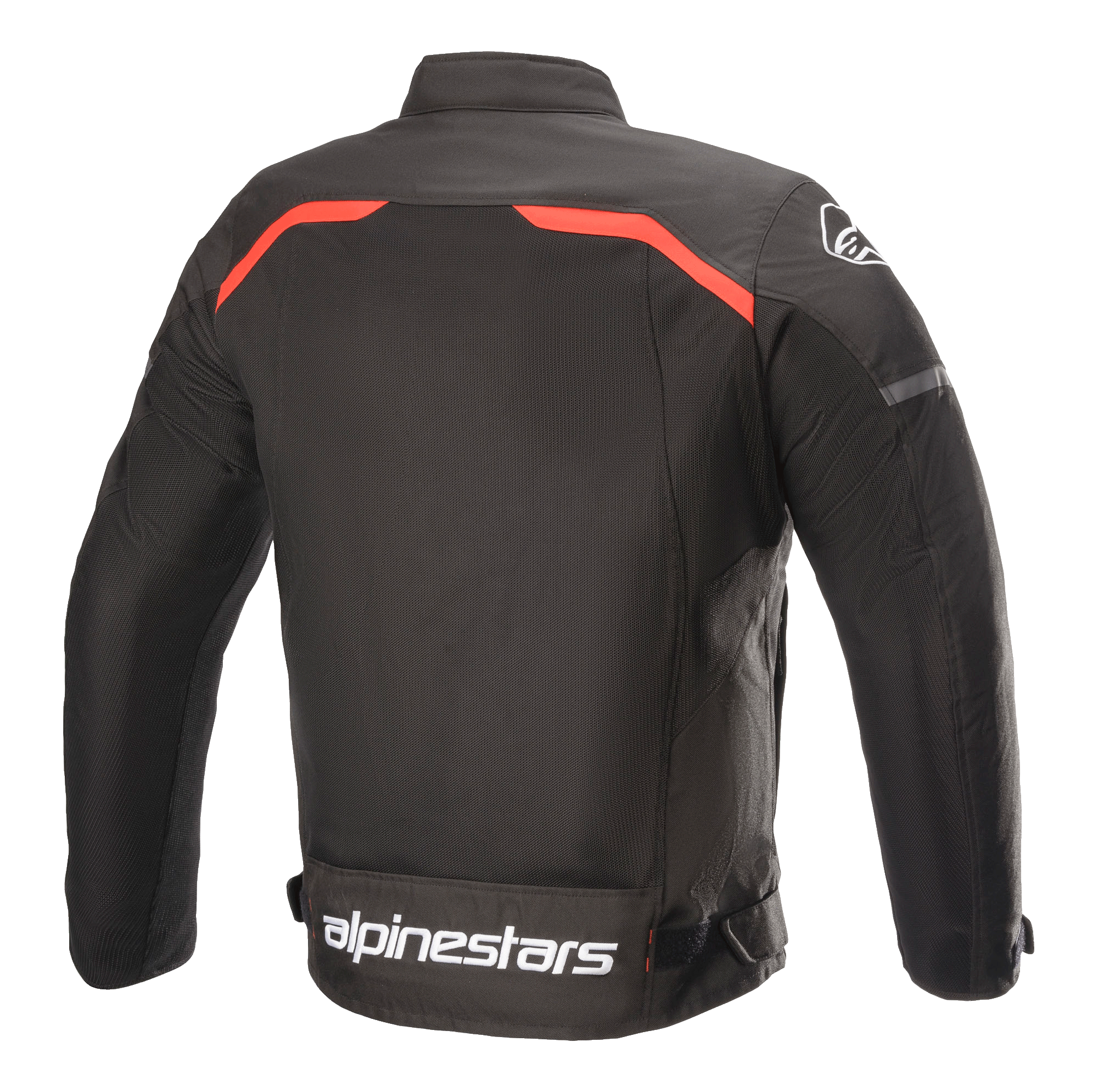 Alpinestars T-SPS Superair Jacket, Textile Motorcycle Jacket, Black with Bright Red accents, back view featuring large mesh ventilation panels, red piping across the shoulders, and bold white Alpinestars branding on the lower back.