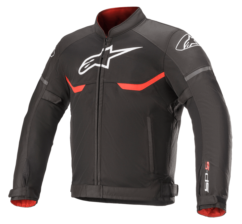 Alpinestars T-SPS Superair Jacket, Textile Motorcycle Jacket, Black with Bright Red and White accents, featuring mesh ventilation panels, white Astars logo branding on the chest and shoulders, and red interior lining.