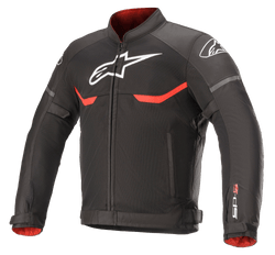 Alpinestars T-SPS Superair Jacket, casaco de moto em tecido, preto com detalhes em vermelho vivo e branco, painéis de ventilação em malha, logótipo Astars branco no peito e ombros, e forro interior vermelho