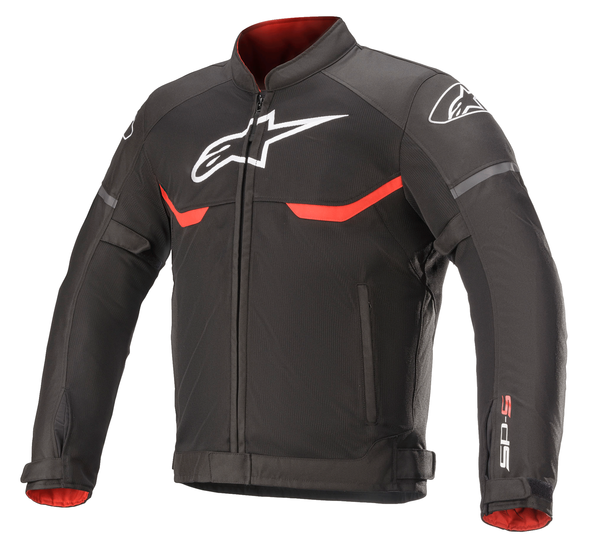 Alpinestars T-SPS Superair Jacket, Textile Motorcycle Jacket, Black with Bright Red and White accents, featuring mesh ventilation panels, white Astars logo branding on the chest and shoulders, and red interior lining.