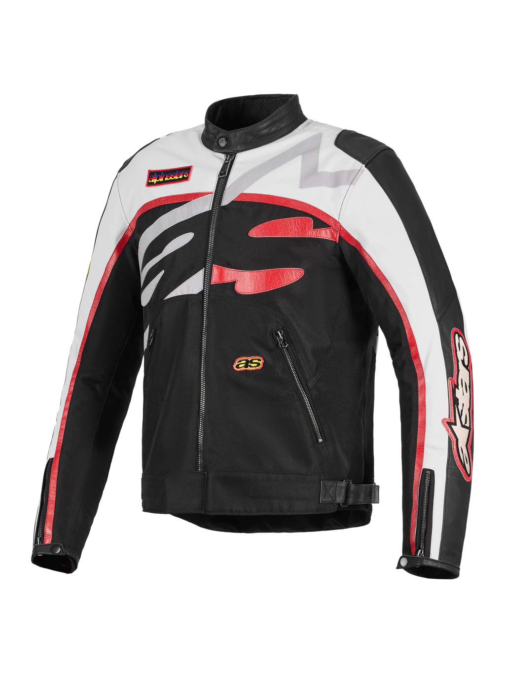 Casaco Alpinestars Axton, casaco de motociclismo, preto, off-white e vermelho vivo, design de inspiração vintage racing com logótipo Alpinestars envolvente, construção em têxtil e pele, bolsos com fecho e gola de motociclista