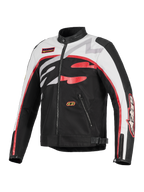 Casaco Alpinestars Axton, casaco de motociclismo, preto, off-white e vermelho vivo, design de inspiração vintage racing com logótipo Alpinestars envolvente, construção em têxtil e pele, bolsos com fecho e gola de motociclista