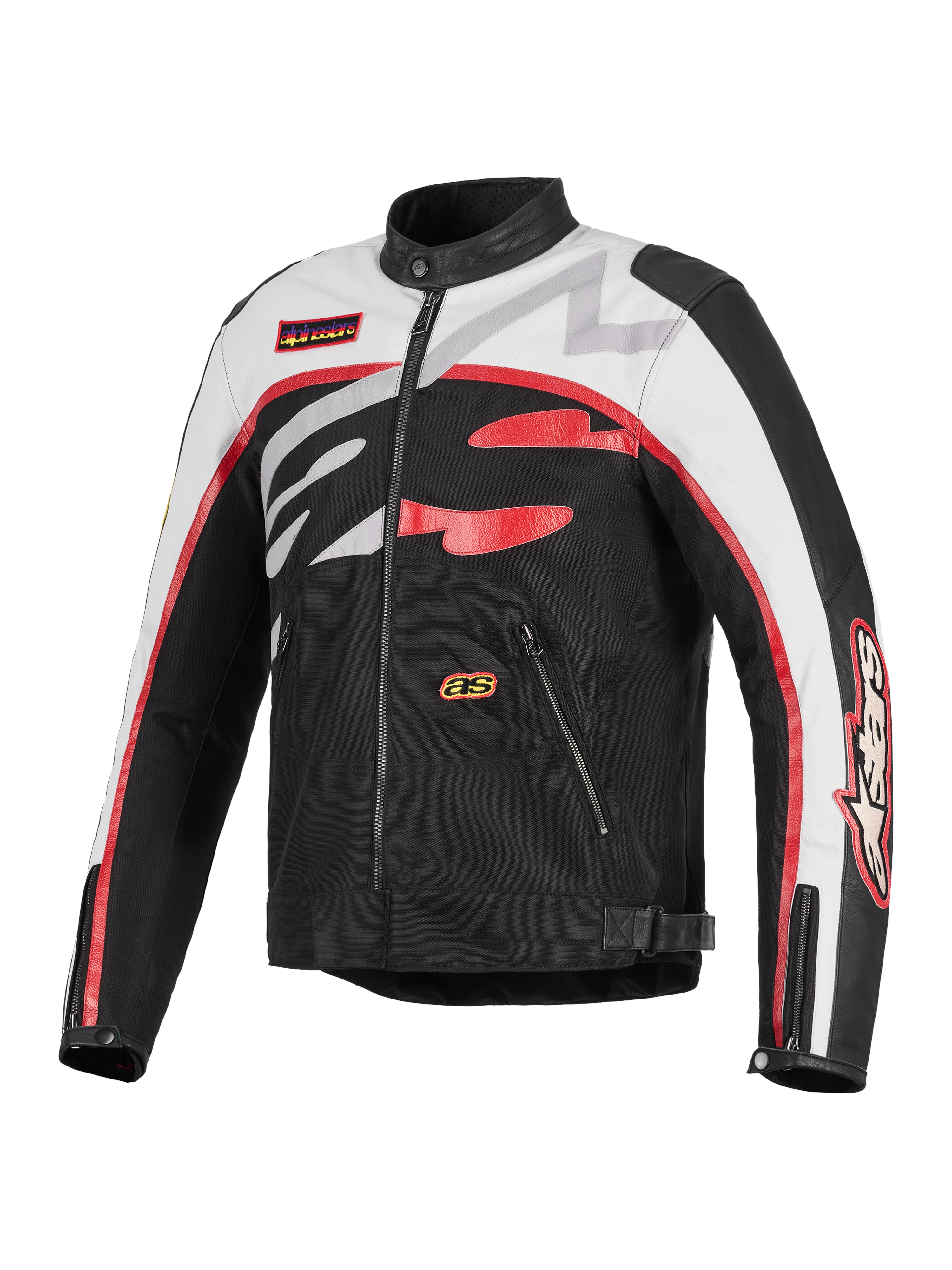 Casaco Alpinestars Axton, casaco de motociclismo, preto, off-white e vermelho vivo, design de inspiração vintage racing com logótipo Alpinestars envolvente, construção em têxtil e pele, bolsos com fecho e gola de motociclista
