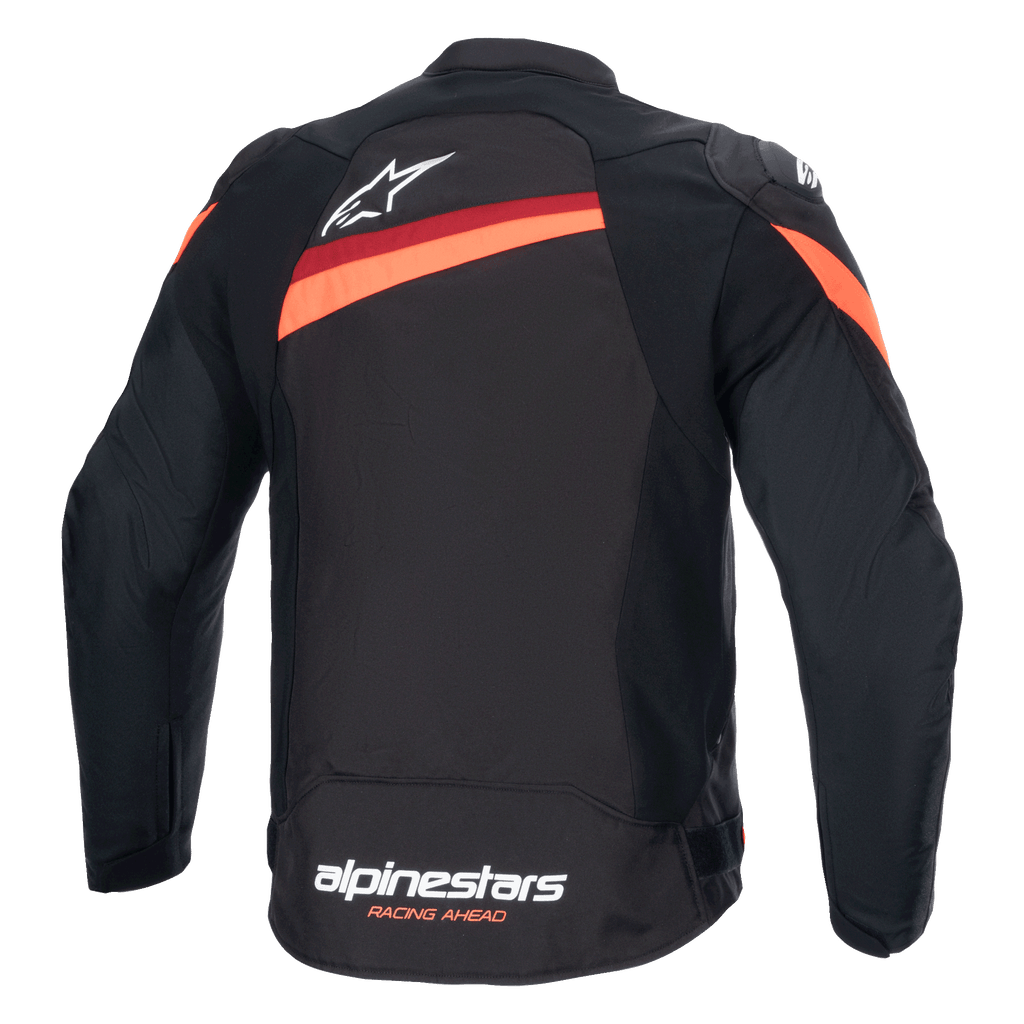 Casaco Alpinestars T-GP Plus R V4, vista traseira, preto e vermelho fluo, casaco desportivo de motociclismo em tecido, com logótipo Alpinestars branco na parte superior das costas e marca na bainha inferior, riscas vermelhas diagonais nos ombros e costas, mangas pré-curvadas.