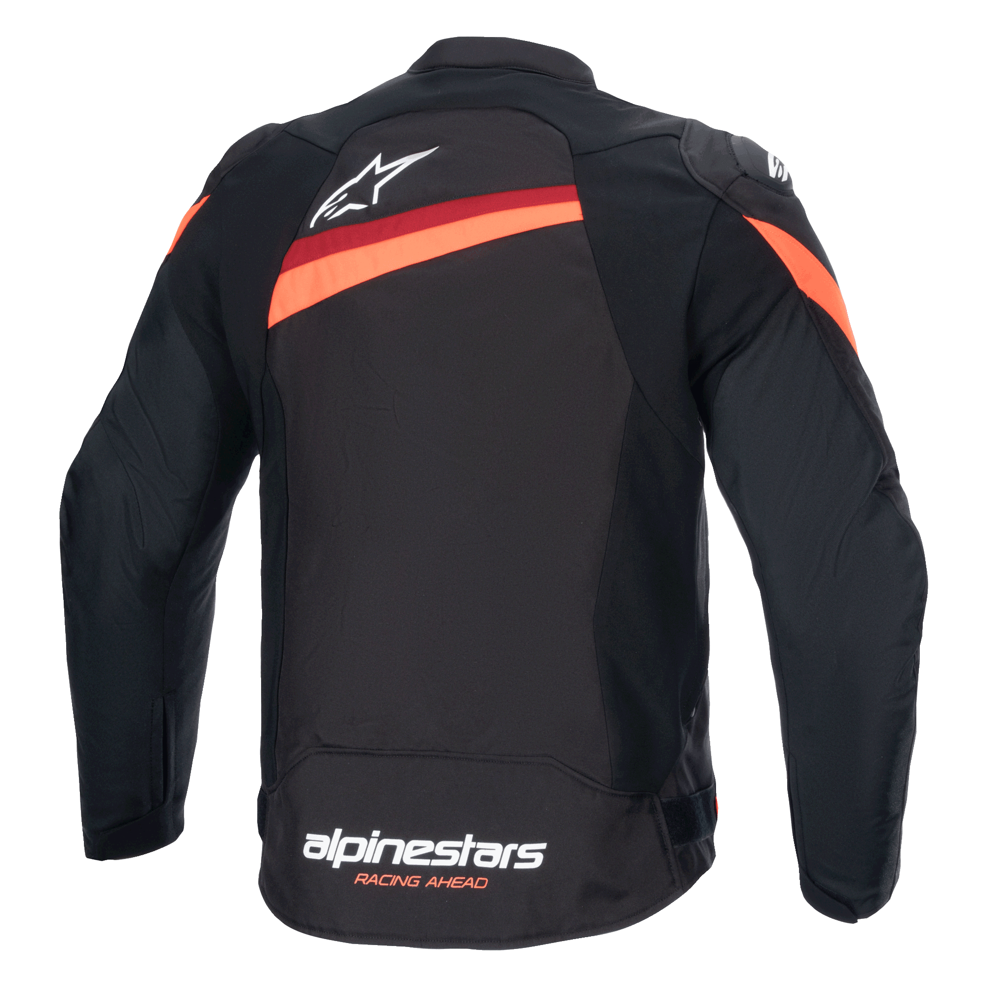 Casaco Alpinestars T-GP Plus R V4, vista traseira, preto e vermelho fluo, casaco desportivo de motociclismo em tecido, com logótipo Alpinestars branco na parte superior das costas e marca na bainha inferior, riscas vermelhas diagonais nos ombros e costas, mangas pré-curvadas.