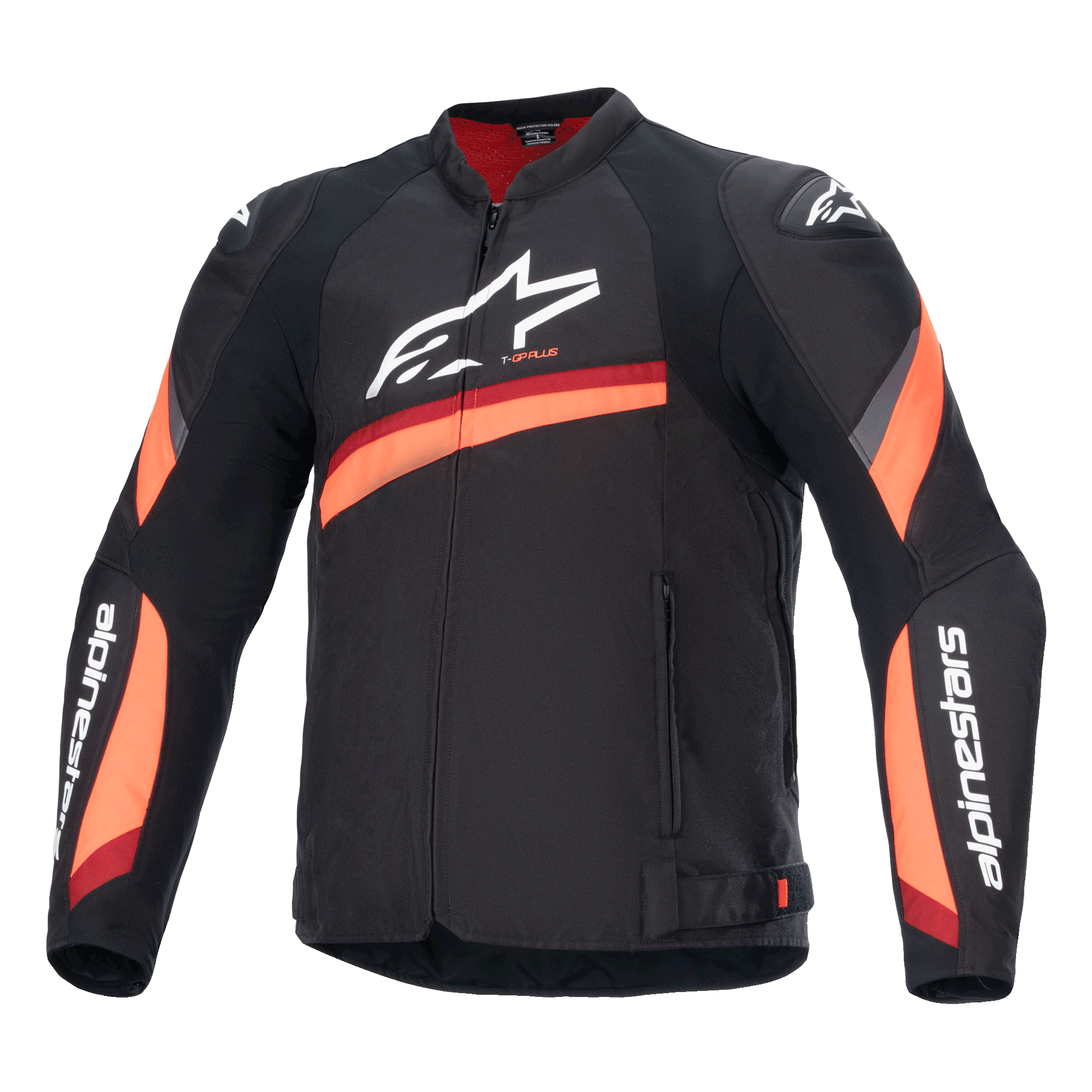 Casaco Alpinestars T-GP Plus R V4, casaco de motociclismo preto com riscas vermelhas e laranja fluo, logótipo branco grande no peito, design têxtil desportivo com forro da gola vermelho e logótipos nas mangas, equipamento de condução desportiva de alta performance