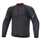 Alpinestars T-GP Plus R V4 Jacket, Black Textile Motorcycle Jacket, Embossed Alpinestars Chest Logo, Gray Reflective Stripes, Red Inner Lining at Collar, Sport Fit with Padded Shoulders and Elbows, Racing Style Design