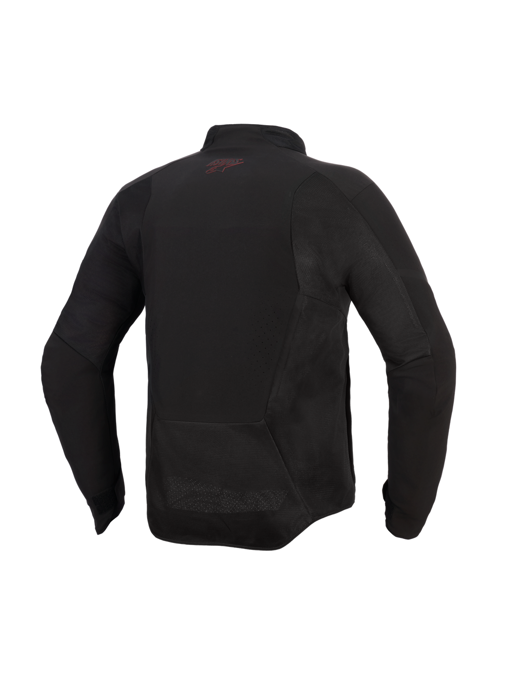 Alpinestars Aeroshell Airflow Jacket, casaco de motociclismo, Preto Antracite, vista traseira com painéis de malha e zonas de ventilação perfuradas a laser, parte traseira alongada para cobertura na condução, pequeno logótipo vermelho na gola traseira, design softshell leve com corte desportivo