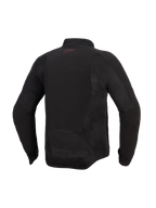 Alpinestars Aeroshell Airflow Jacket, casaco de motociclismo, Preto Antracite, vista traseira com painéis de malha e zonas de ventilação perfuradas a laser, parte traseira alongada para cobertura na condução, pequeno logótipo vermelho na gola traseira, design softshell leve com corte desportivo