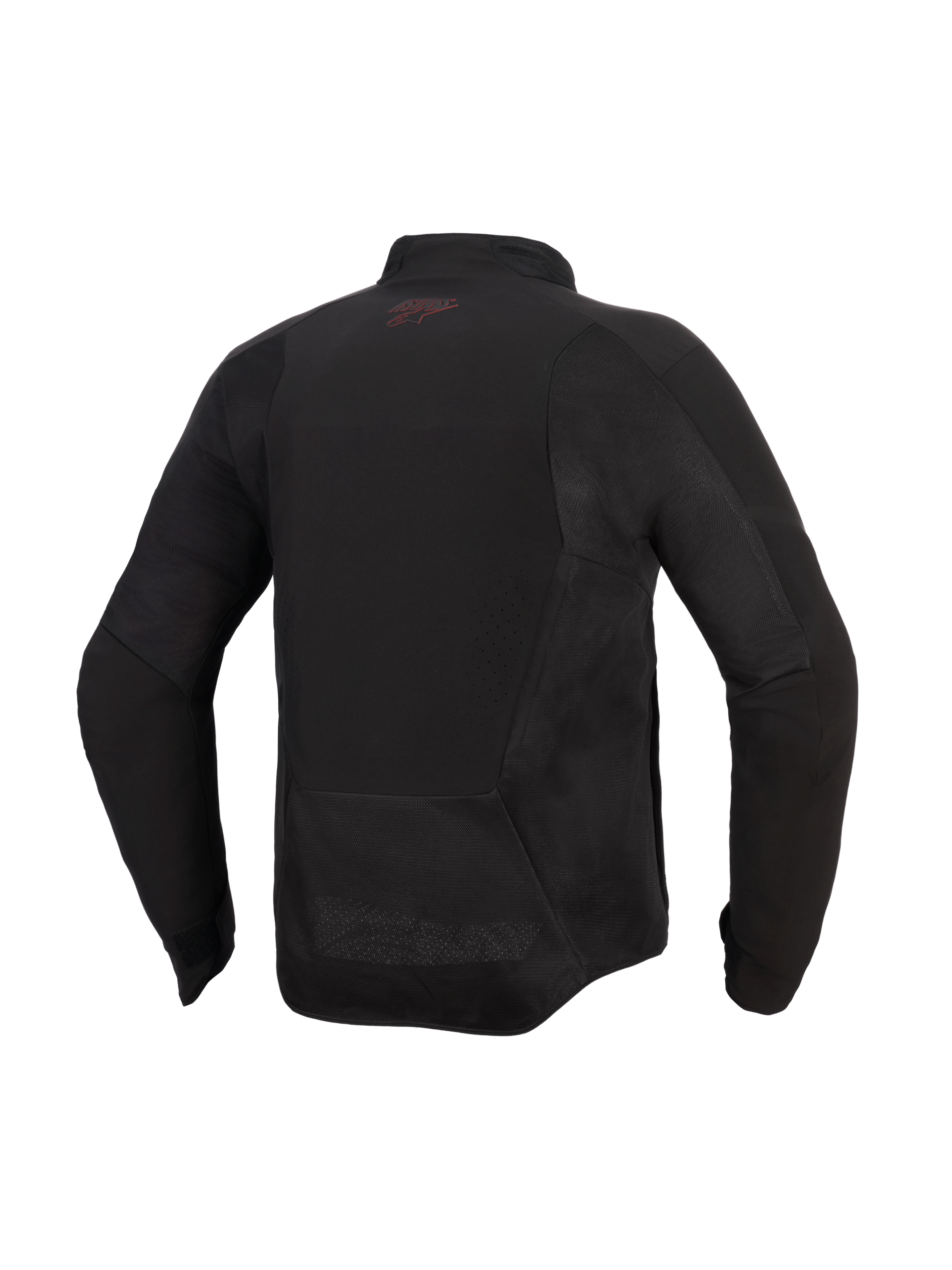 Alpinestars Aeroshell Airflow Jacket, casaco de motociclismo, Preto Antracite, vista traseira com painéis de malha e zonas de ventilação perfuradas a laser, parte traseira alongada para cobertura na condução, pequeno logótipo vermelho na gola traseira, design softshell leve com corte desportivo