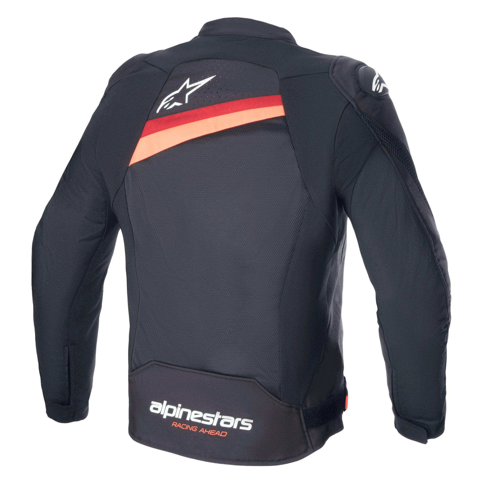 Alpinestars T-GP Plus R V4 Airflow Jacket, Black with Red Fluo, rear view of textile motorcycle jacket showing large mesh ventilation panels, white Astar logo on upper back, and 'alpinestars RACING AHEAD' branding on the lower back.