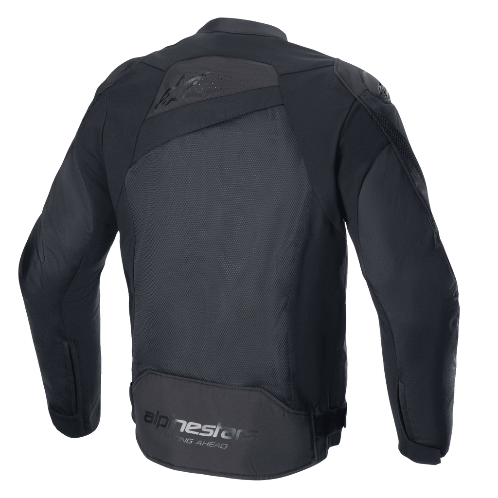 Alpinestars T-GP Plus R V4 Airflow Jacket, Black/Black, Rear View, featuring large mesh panel for maximum airflow, perforated upper back, subtle embossed logo, and Alpinestars Racing Ahead branding on the lower back, sport fit textile motorcycle jacket
