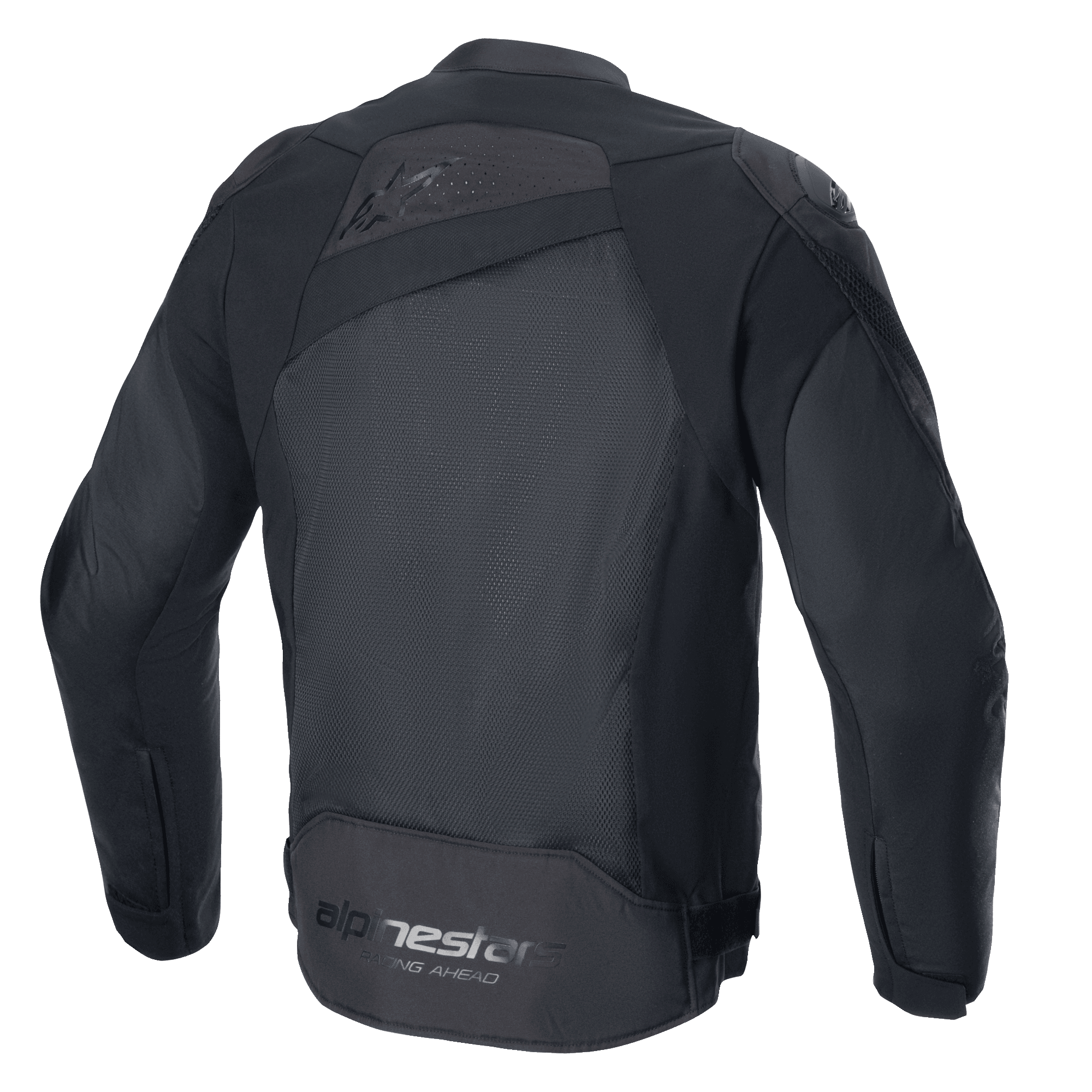 Alpinestars T-GP Plus R V4 Airflow Jacket, Black/Black, Rear View, featuring large mesh panel for maximum airflow, perforated upper back, subtle embossed logo, and Alpinestars Racing Ahead branding on the lower back, sport fit textile motorcycle jacket