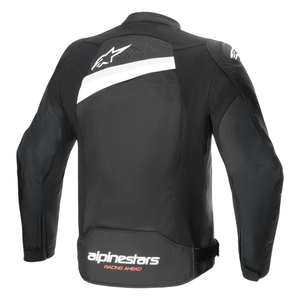 Alpinestars T-GP Plus R V4 Airflow Jacket, casaco de motociclismo têxtil, preto e branco, vista traseira com painel de malha extensivo, logótipo da estrela branca na parte superior das costas e marca Alpinestars Racing Ahead na parte inferior das costas, design de ajuste desportivo para ventilação