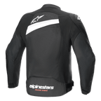 Alpinestars T-GP Plus R V4 Airflow Jacket, casaco de motociclismo têxtil, preto e branco, vista traseira com painel de malha extensivo, logótipo da estrela branca na parte superior das costas e marca Alpinestars Racing Ahead na parte inferior das costas, design de ajuste desportivo para ventilação