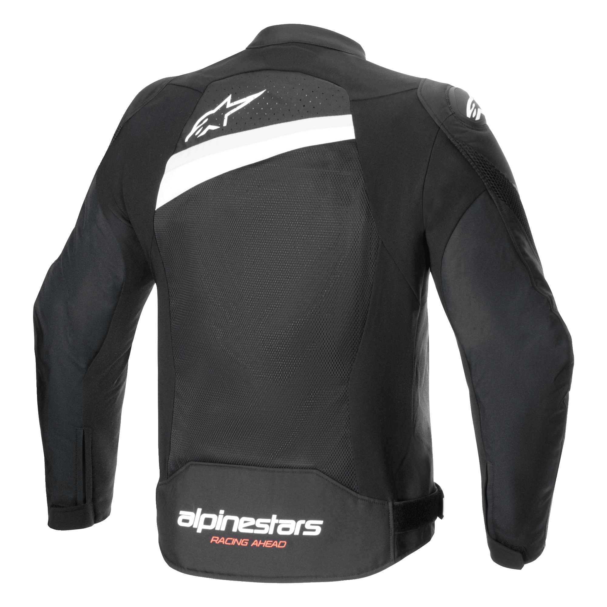 Alpinestars T-GP Plus R V4 Airflow Jacket, casaco de motociclismo têxtil, preto e branco, vista traseira com painel de malha extensivo, logótipo da estrela branca na parte superior das costas e marca Alpinestars Racing Ahead na parte inferior das costas, design de ajuste desportivo para ventilação