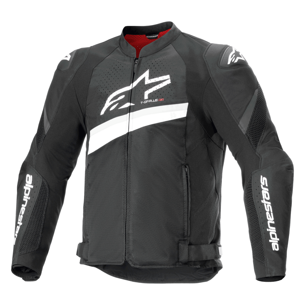 Alpinestars T-GP Plus R V4 Airflow Jacket, casaco de motociclismo têxtil, preto e branco, com um grande logótipo Astar branco no peito, painéis de malha perfurada para ventilação, forro interior vermelho e protetores de ombro DFS Lite