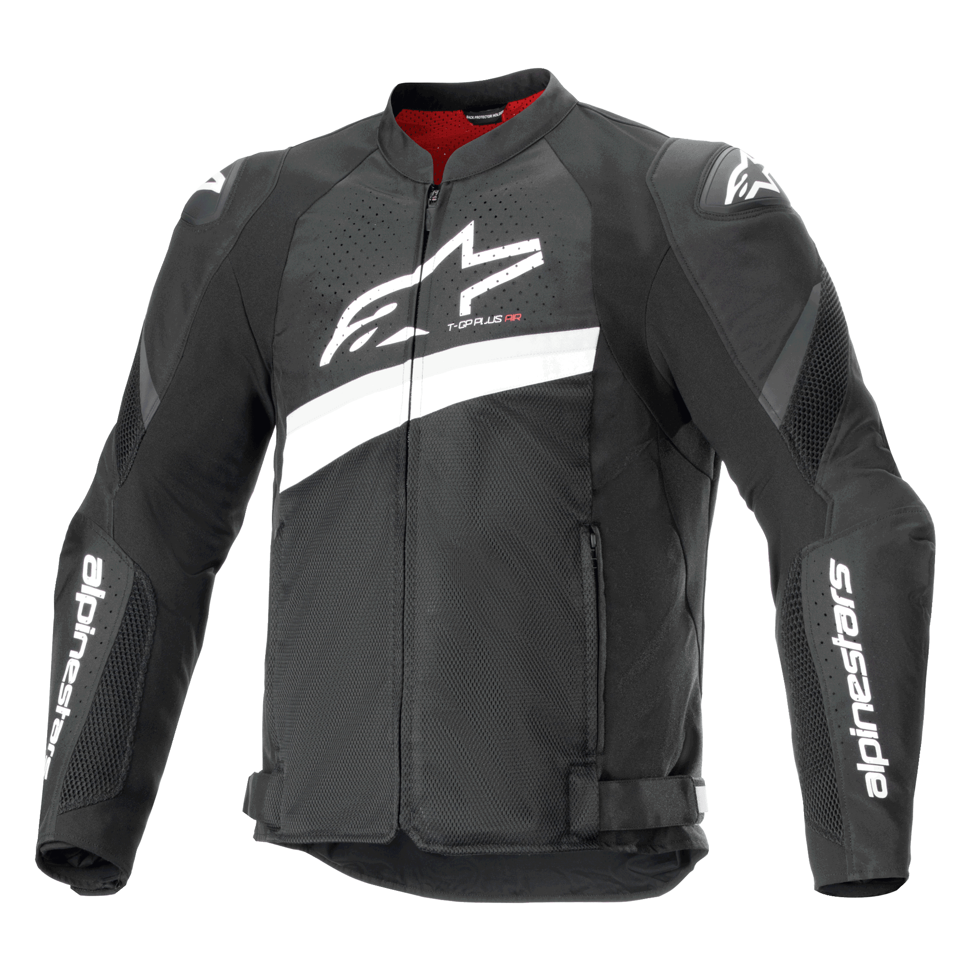 Alpinestars T-GP Plus R V4 Airflow Jacket, casaco de motociclismo têxtil, preto e branco, com um grande logótipo Astar branco no peito, painéis de malha perfurada para ventilação, forro interior vermelho e protetores de ombro DFS Lite