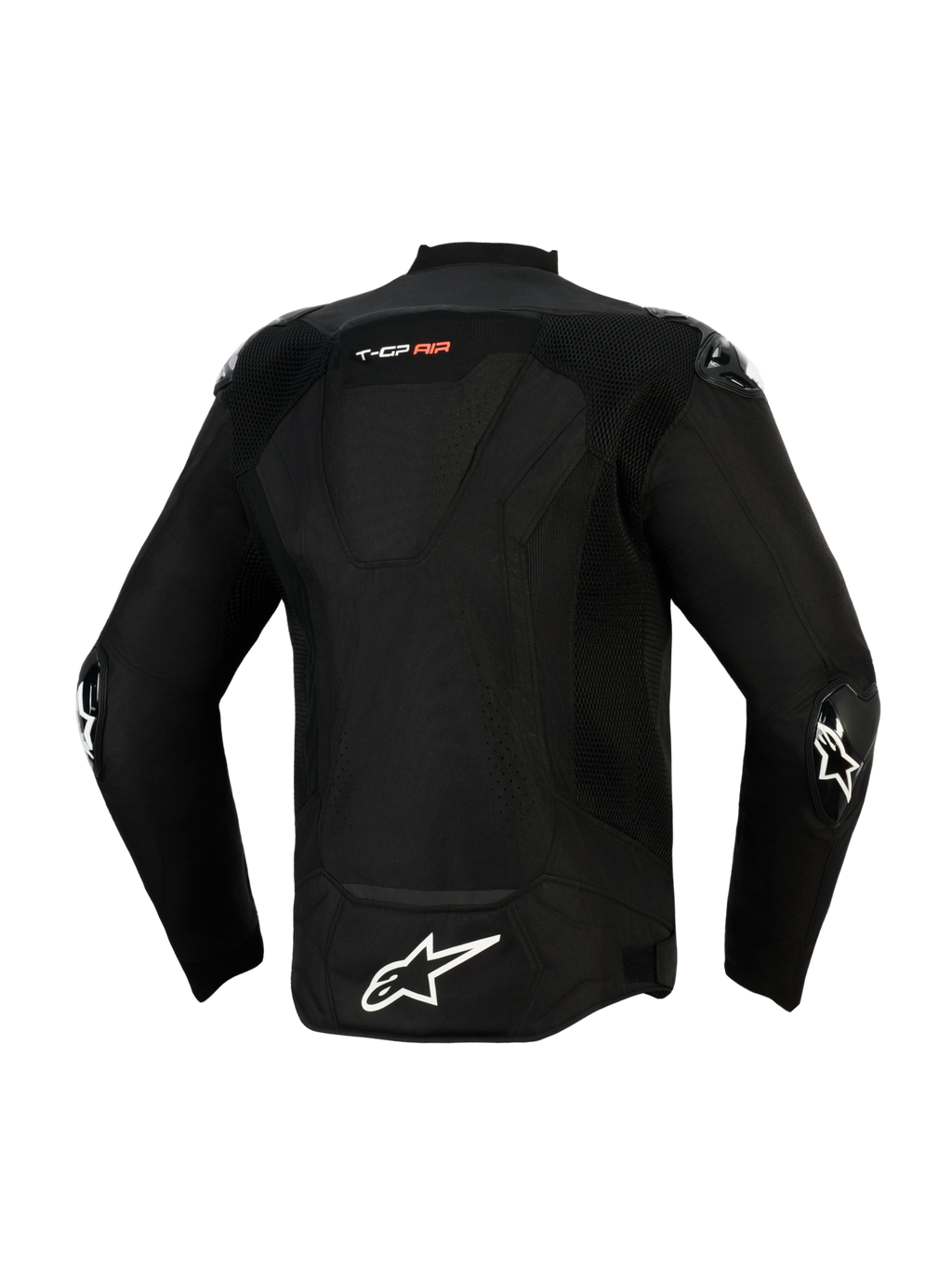 Casaco Alpinestars T-GP Air, vista traseira, preto, com um grande logótipo de estrela branco na parte inferior das costas e a marca 'T-GP AIR', painéis de malha e perfurados a laser para fluxo de ar, e deslizadores externos nos cotovelos, casaco têxtil de condução de inspiração desportiva.