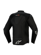 Casaco Alpinestars T-GP Air, vista traseira, preto, com um grande logótipo de estrela branco na parte inferior das costas e a marca 'T-GP AIR', painéis de malha e perfurados a laser para fluxo de ar, e deslizadores externos nos cotovelos, casaco têxtil de condução de inspiração desportiva.