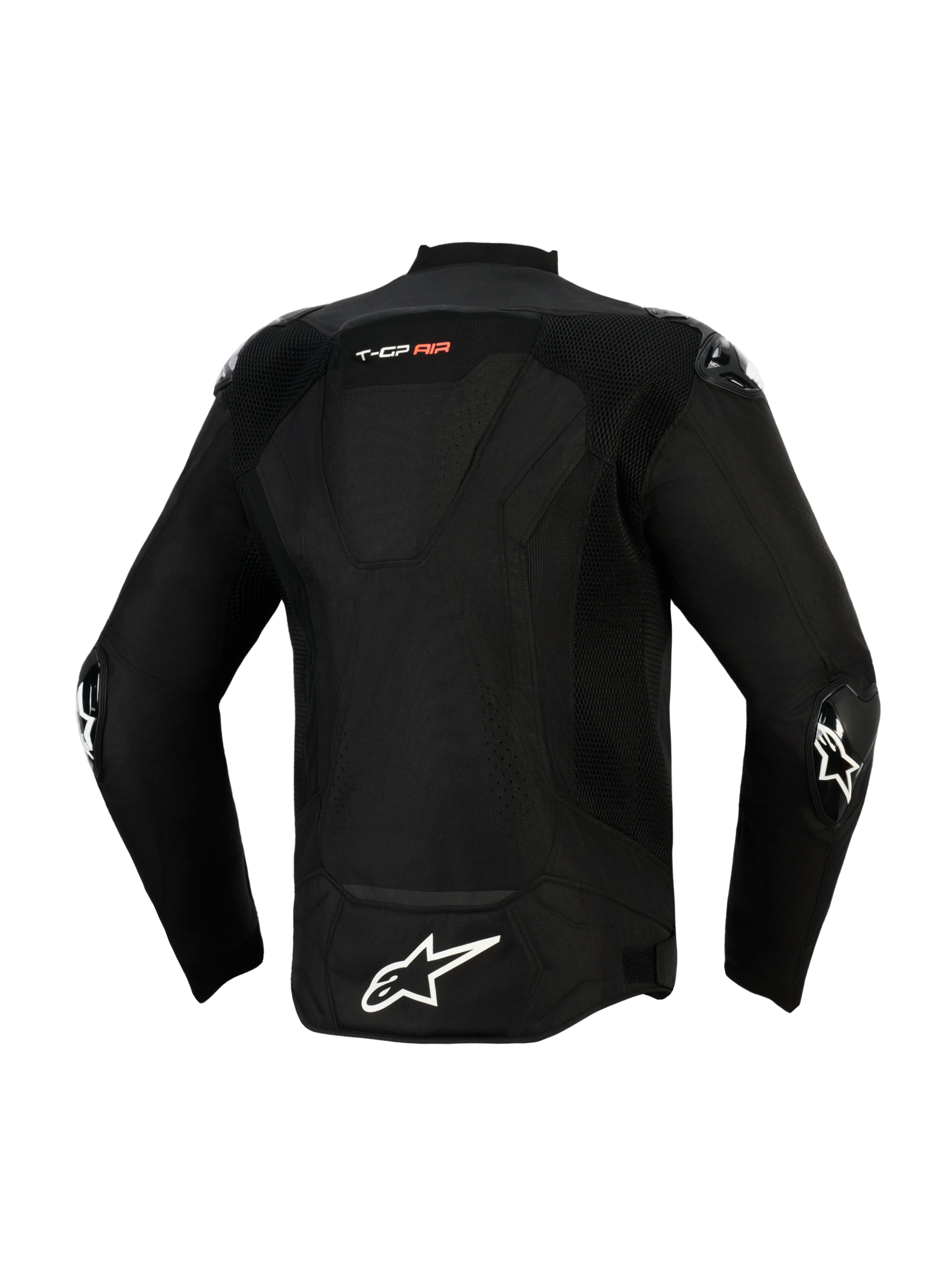 Casaco Alpinestars T-GP Air, vista traseira, preto, com um grande logótipo de estrela branco na parte inferior das costas e a marca 'T-GP AIR', painéis de malha e perfurados a laser para fluxo de ar, e deslizadores externos nos cotovelos, casaco têxtil de condução de inspiração desportiva.
