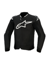 Alpinestars T-GP Air Jacket, Black Textile Motorcycle Jacket, featuring a large white chest logo, laser-perforated ventilation panels, and external shoulder sliders, front view