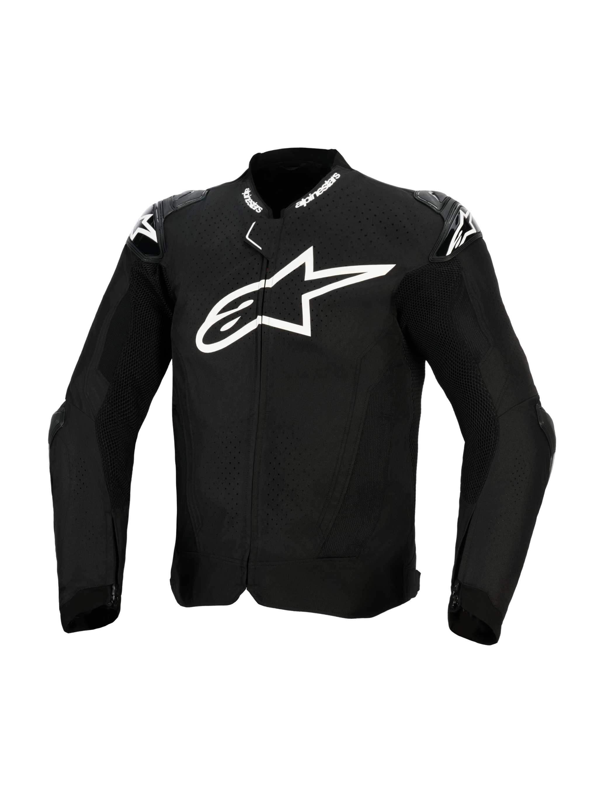 Alpinestars T-GP Air Jacket, Black Textile Motorcycle Jacket, featuring a large white chest logo, laser-perforated ventilation panels, and external shoulder sliders, front view