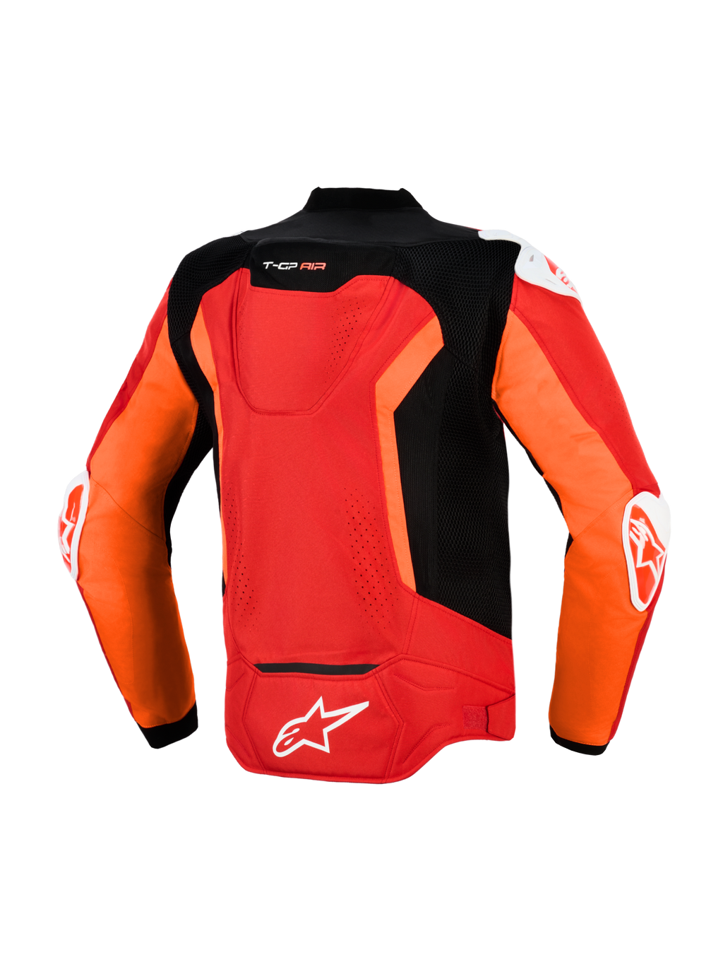 Alpinestars T-GP Air Jacket, Back View, Bright Red Red Fluo and Black, Textile Sport Motorcycle Jacket featuring laser-perforated mesh panels, Supertech R10 aero hump, external DFS shoulder and elbow sliders, and white Alpinestars branding on the lower back.