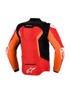 Alpinestars T-GP Air Jacket, Back View, Bright Red Red Fluo and Black, Textile Sport Motorcycle Jacket featuring laser-perforated mesh panels, Supertech R10 aero hump, external DFS shoulder and elbow sliders, and white Alpinestars branding on the lower back.