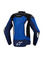 Casaco Alpinestars T-GP Air, vista traseira, azul brilhante, azul-marinho e branco, casaco têxtil desportivo de motociclismo com corcova aerodinâmica integrada, painéis de ventilação em malha, detalhes verticais brancos e logótipo Astars branco na parte inferior, concebido para condução de alto desempenho