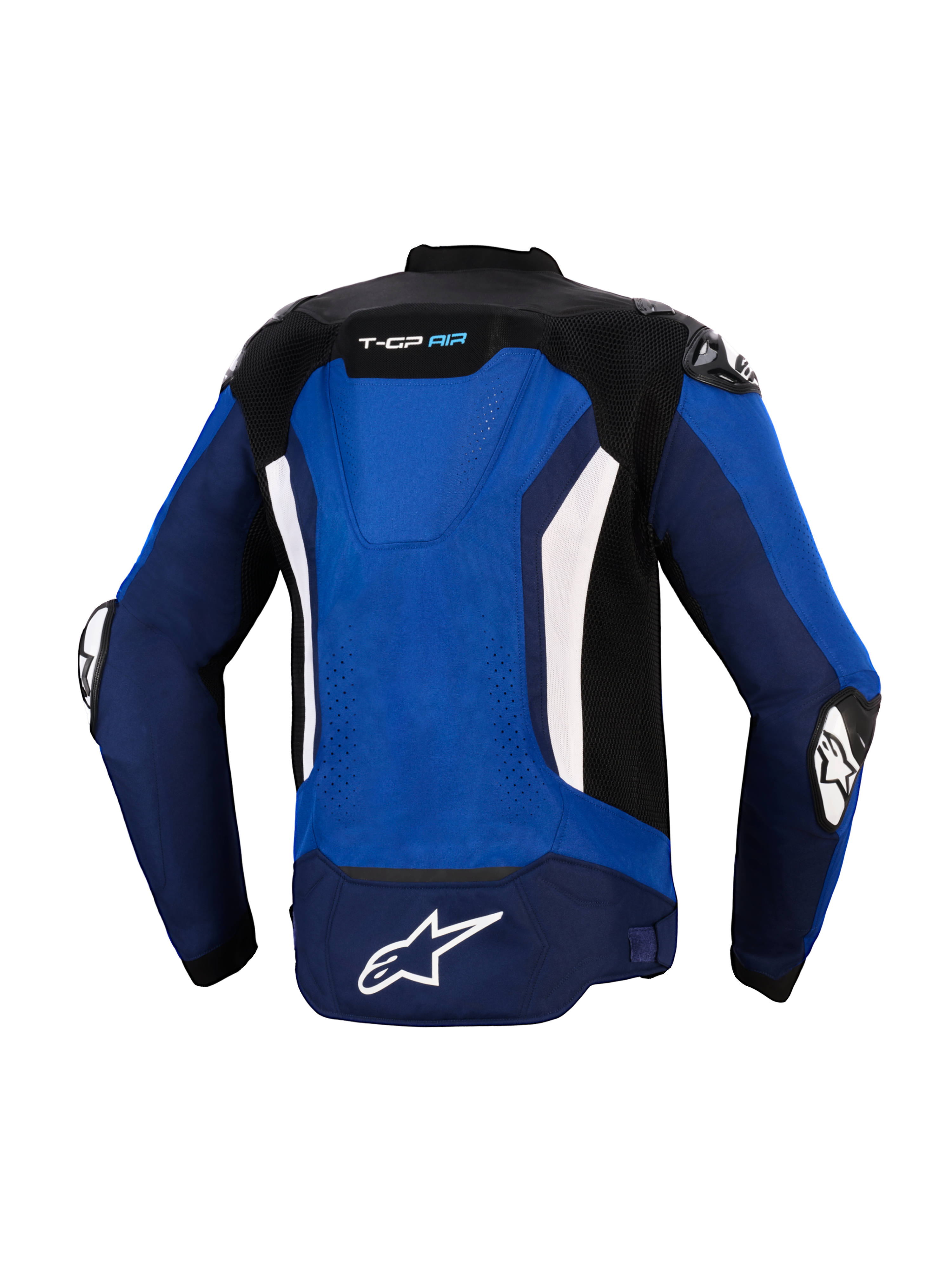 Casaco Alpinestars T-GP Air, vista traseira, azul brilhante, azul-marinho e branco, casaco têxtil desportivo de motociclismo com corcova aerodinâmica integrada, painéis de ventilação em malha, detalhes verticais brancos e logótipo Astars branco na parte inferior, concebido para condução de alto desempenho
