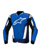 Casaco Alpinestars T-GP Air, casaco de motociclismo têxtil desportivo, azul brilhante, azul-marinho e branco, com um grande logótipo de estrela branco no peito, têxtil perfurado a laser para ventilação e deslizadores externos nos ombros, equipamento de performance inspirado na competição