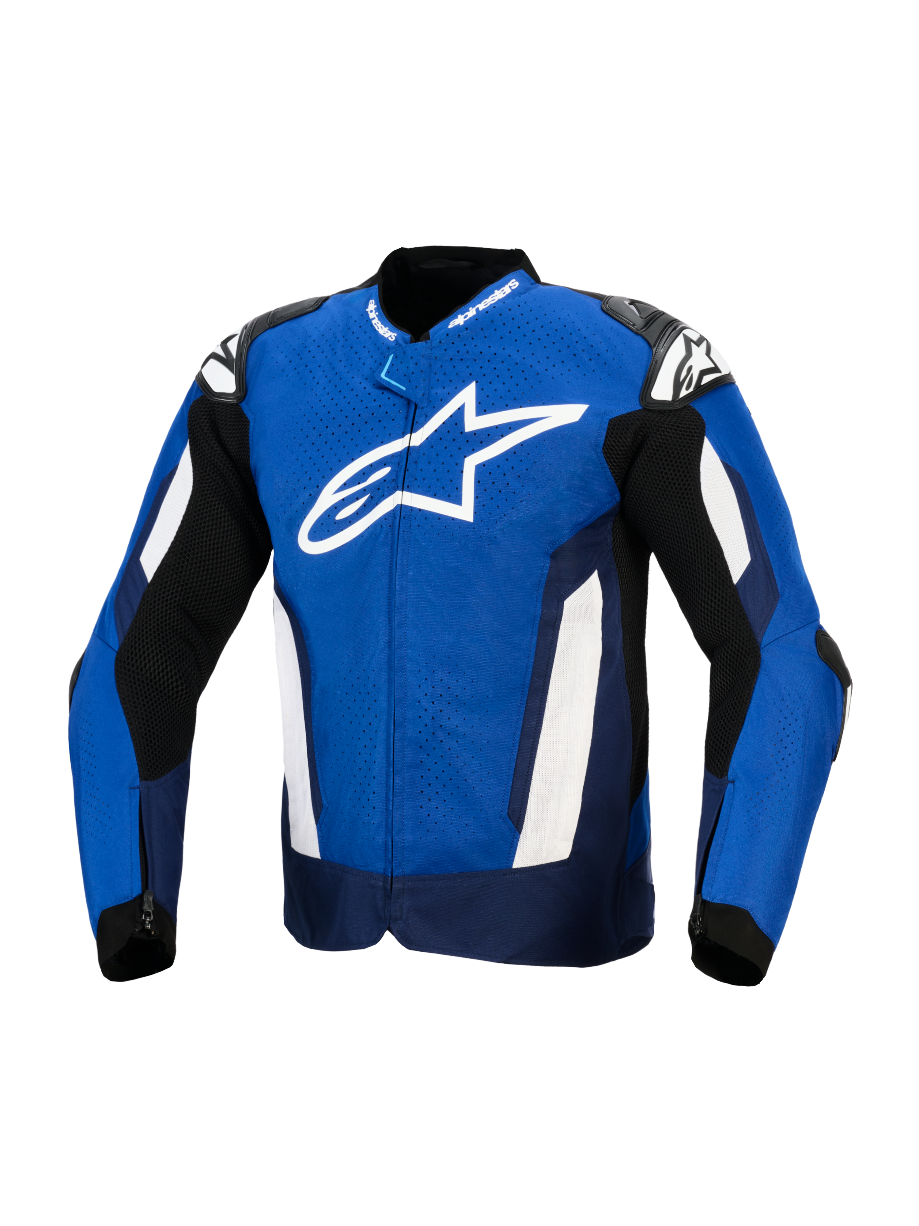 Casaco Alpinestars T-GP Air, casaco de motociclismo têxtil desportivo, azul brilhante, azul-marinho e branco, com um grande logótipo de estrela branco no peito, têxtil perfurado a laser para ventilação e deslizadores externos nos ombros, equipamento de performance inspirado na competição