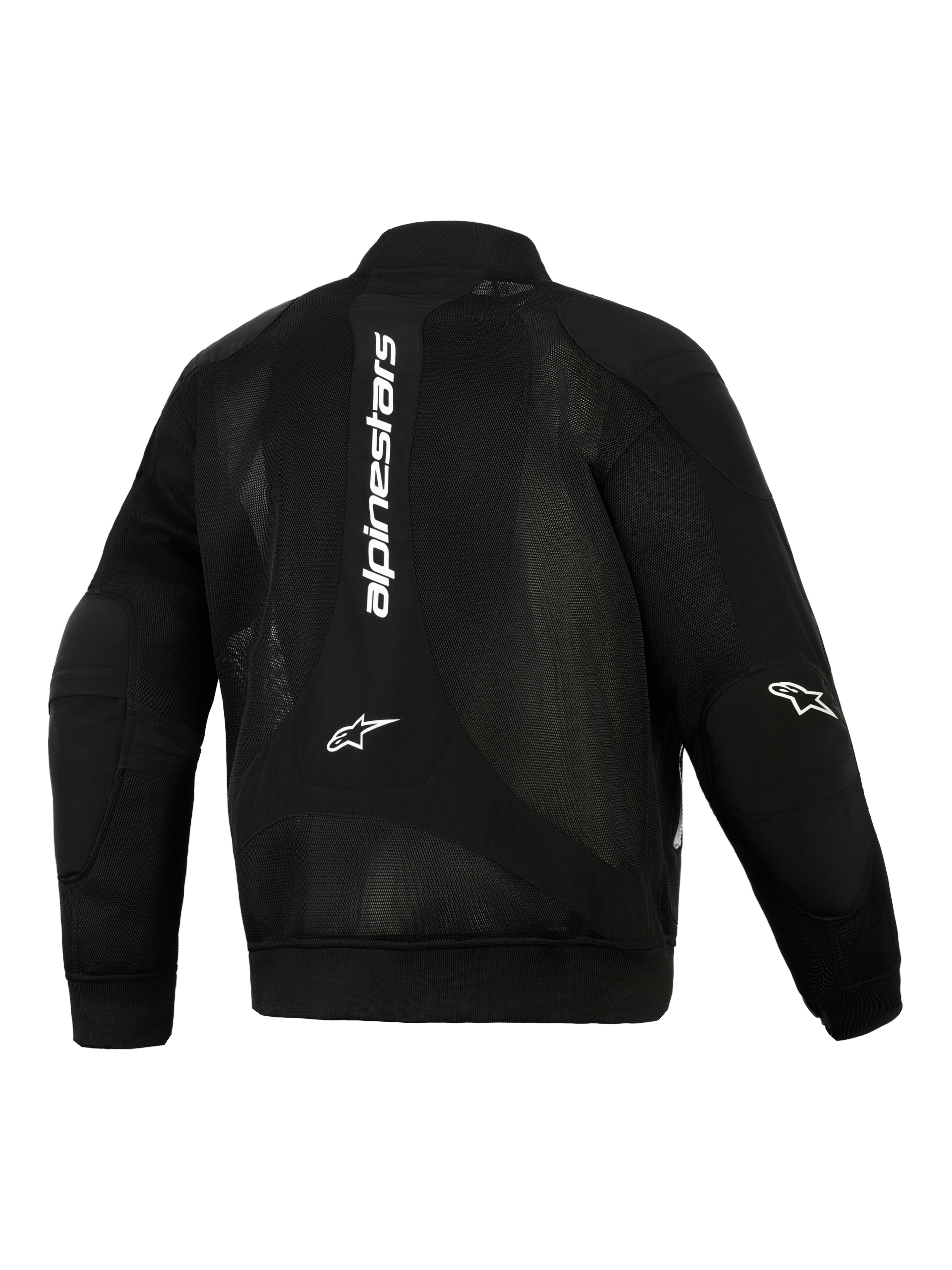 Alpinestars Flight Air Jacket, preto, vista traseira, casaco de motociclismo urbano estilo bomber com painéis de malha 3D extensos, marca vertical branca nas costas, logótipos Astar nos cotovelos e punhos e bainha em malha elástica canelada.