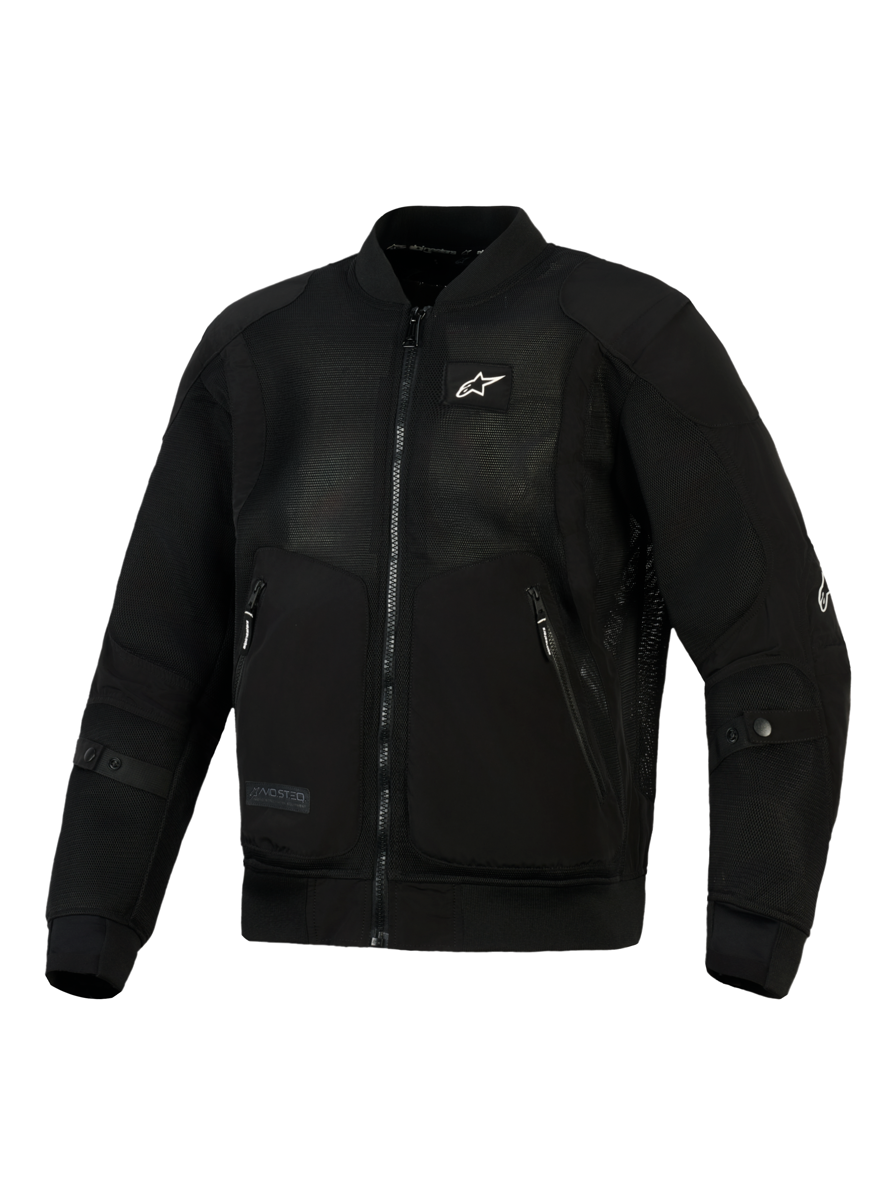 Alpinestars Flight Air Jacket em preto, casaco de motociclista urbano de estilo bomber com painéis de malha 3D de elevado fluxo de ar, reforços em polyfabric, pequeno logótipo branco no peito, e gola e punhos elásticos canelados.